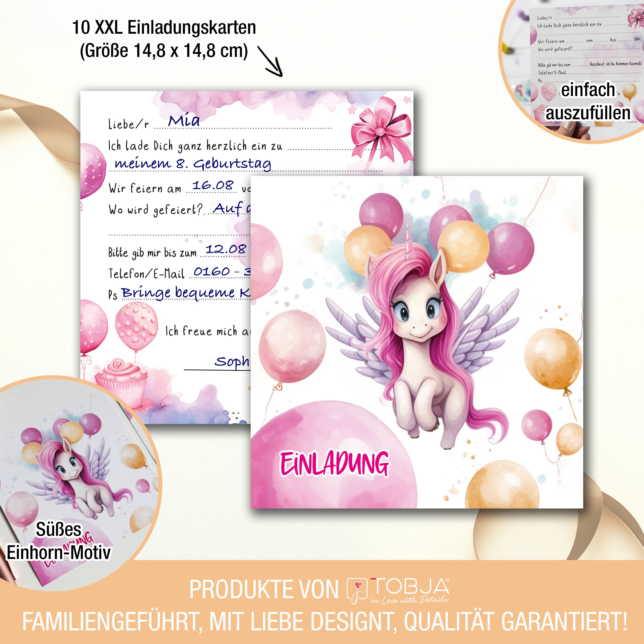 Einladungskarten Einhorn inkl. Sticker 10er Set