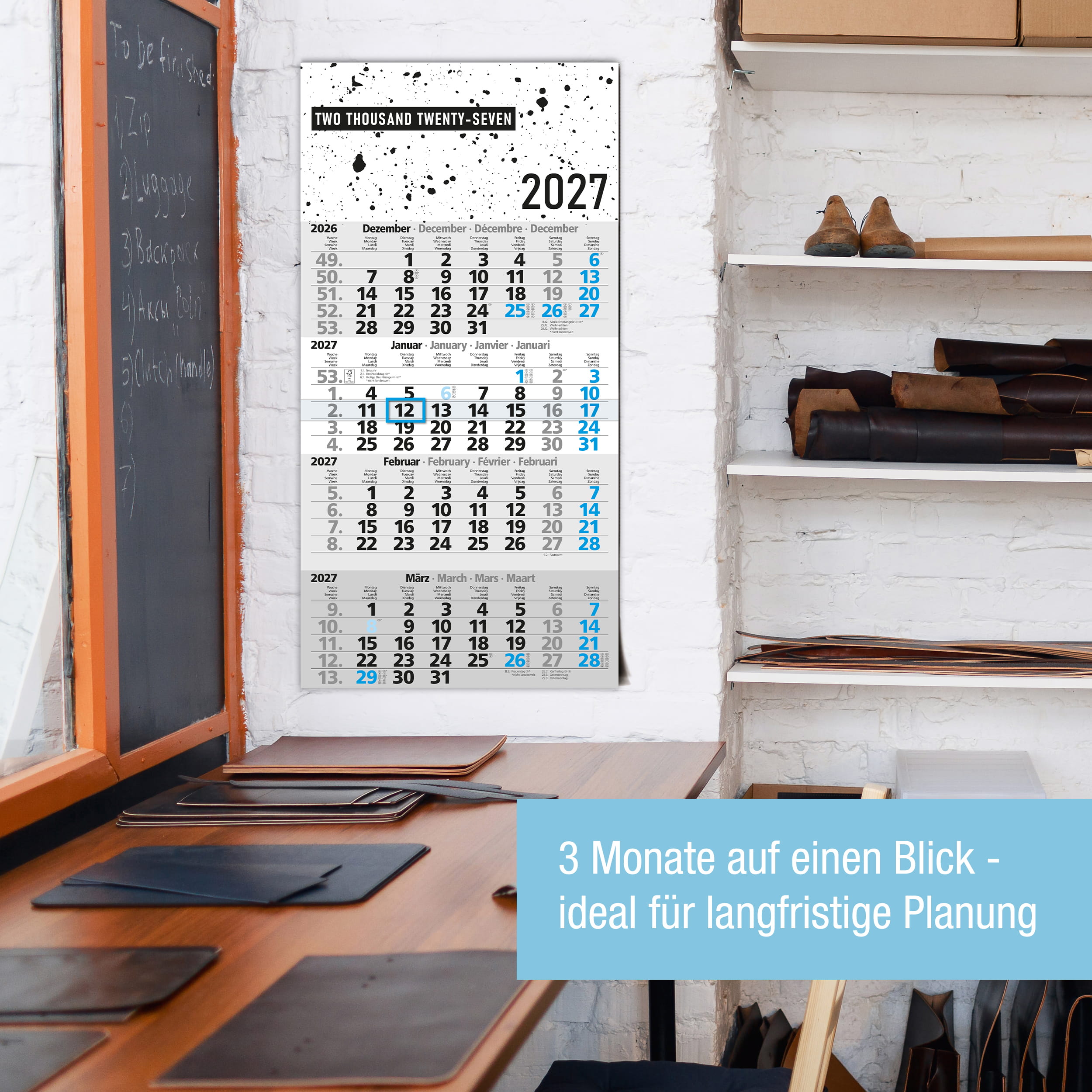 4-Monatskalender 2027 Design Splatter Blau
