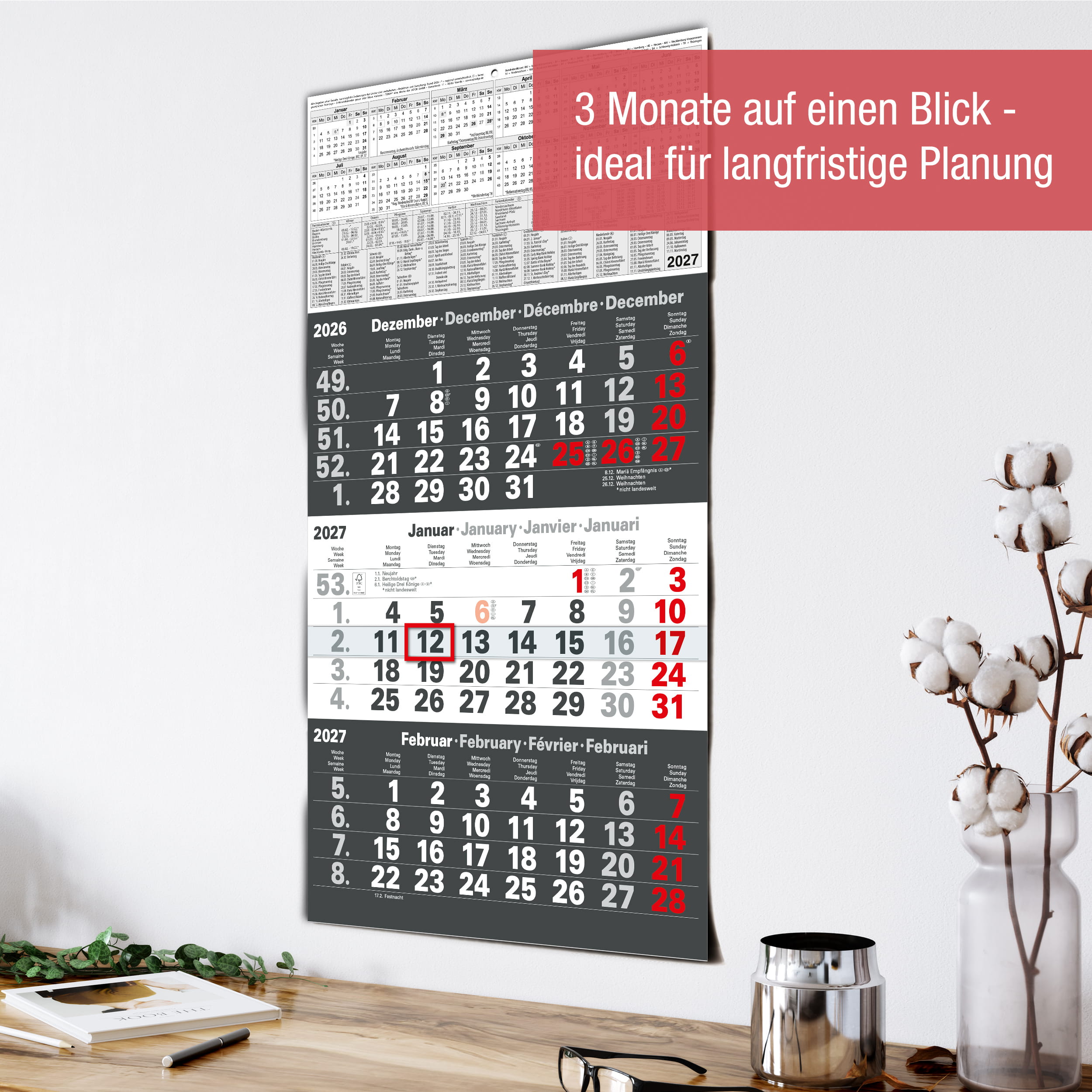 3-Monatskalender 2027 Anthrazit 30x56
