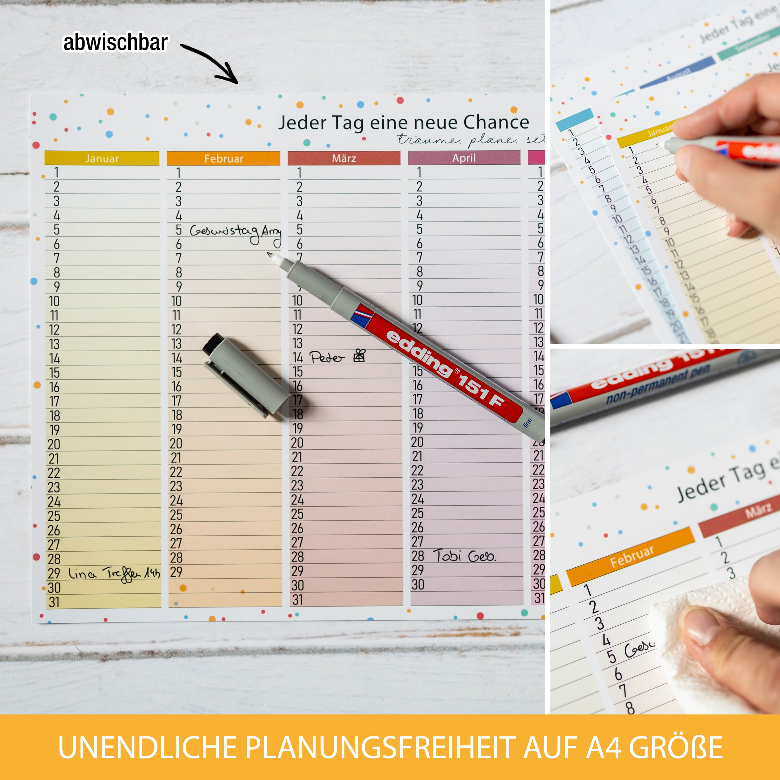Immerwährend Kalender A4 "bunt" abwischbar