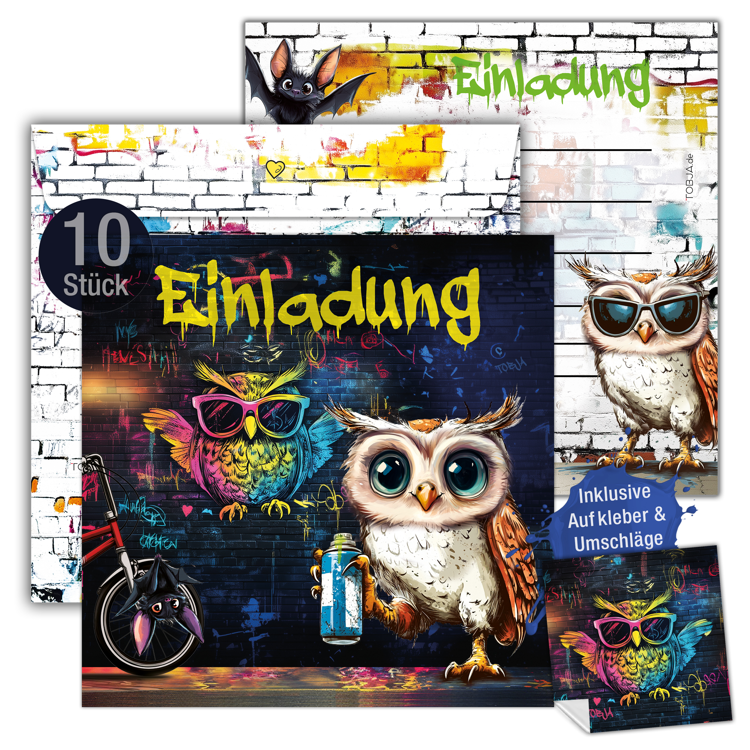 Einladungskarten Eule Graffiti inkl. Sticker 10er Set