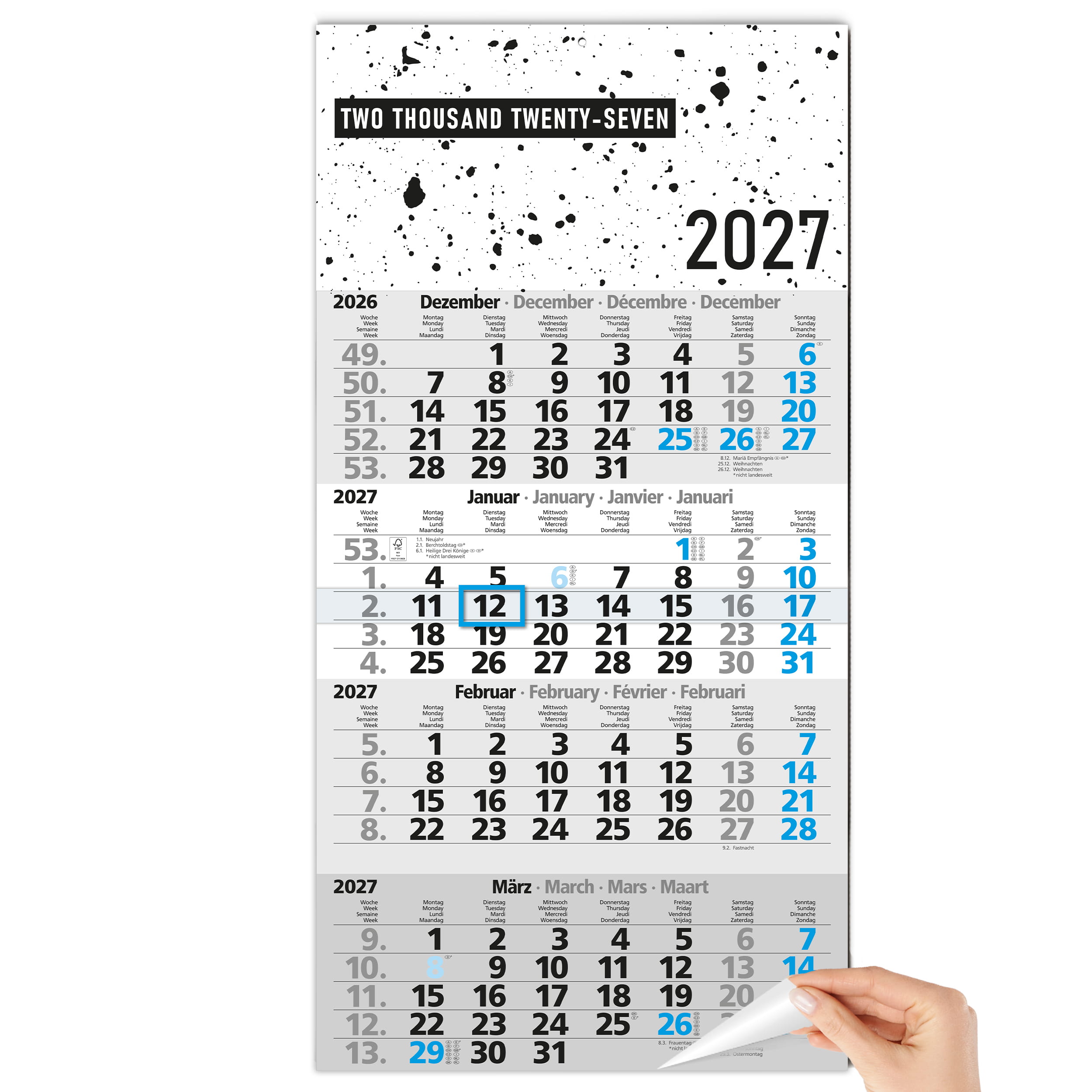4-Monatskalender 2027 Design Splatter Blau