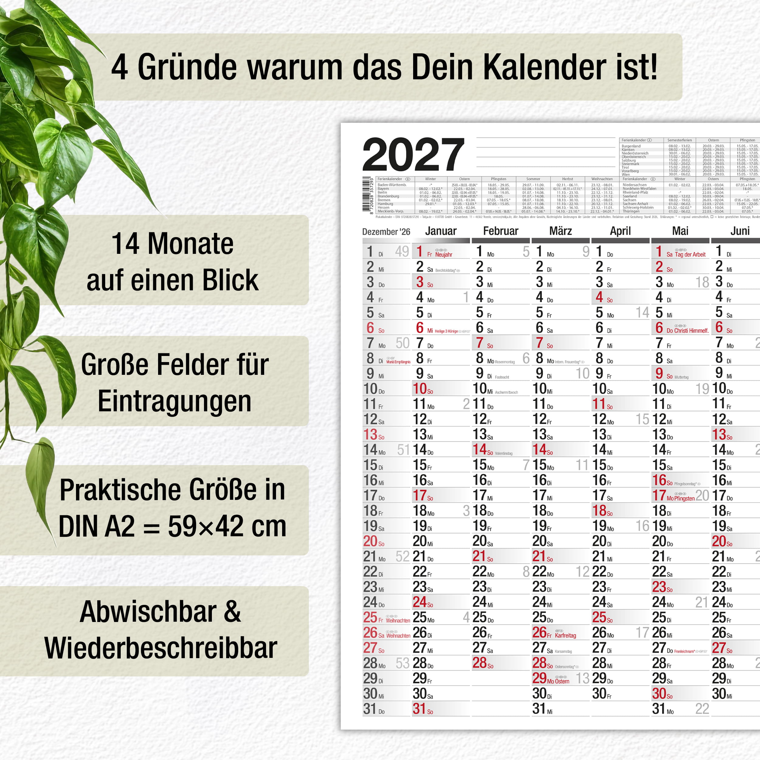 A2 abwischbar Plakatkalender 2027 inkl. 4 Stifte