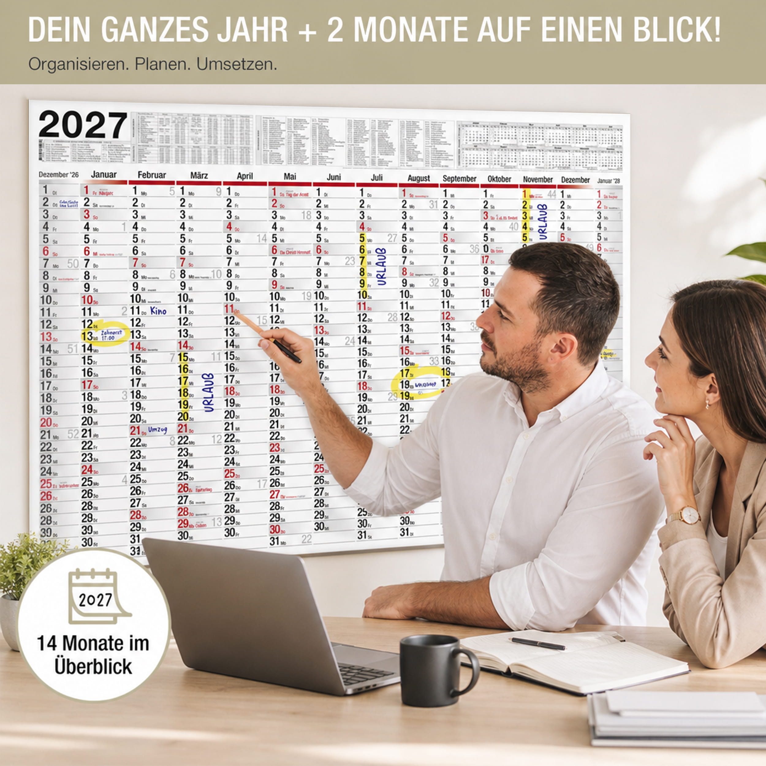 XXL Wandkalender 2026 1x Kalender abwischbar + 4 Stifte