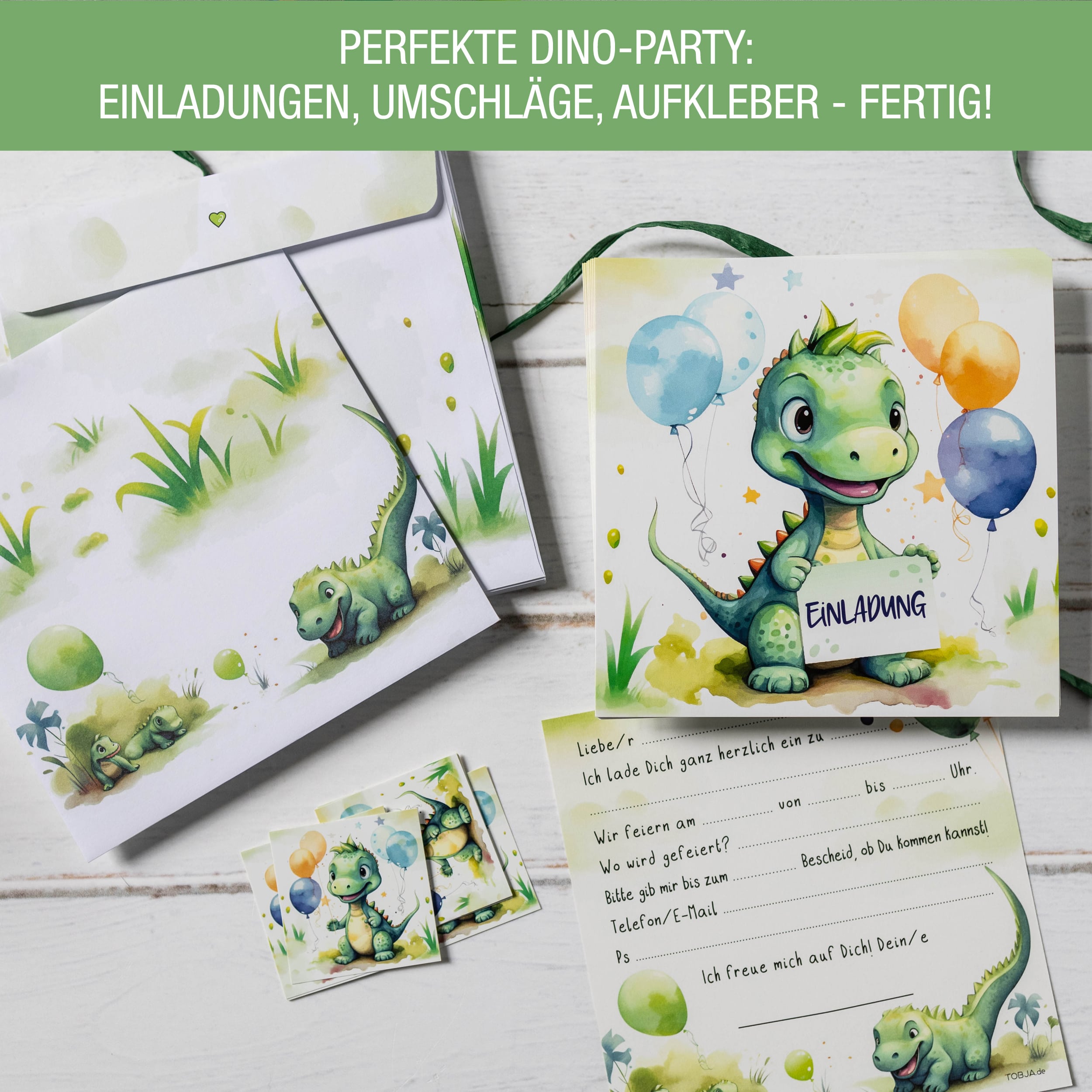 Einladungskarten Dino inkl. Sticker 10er Set
