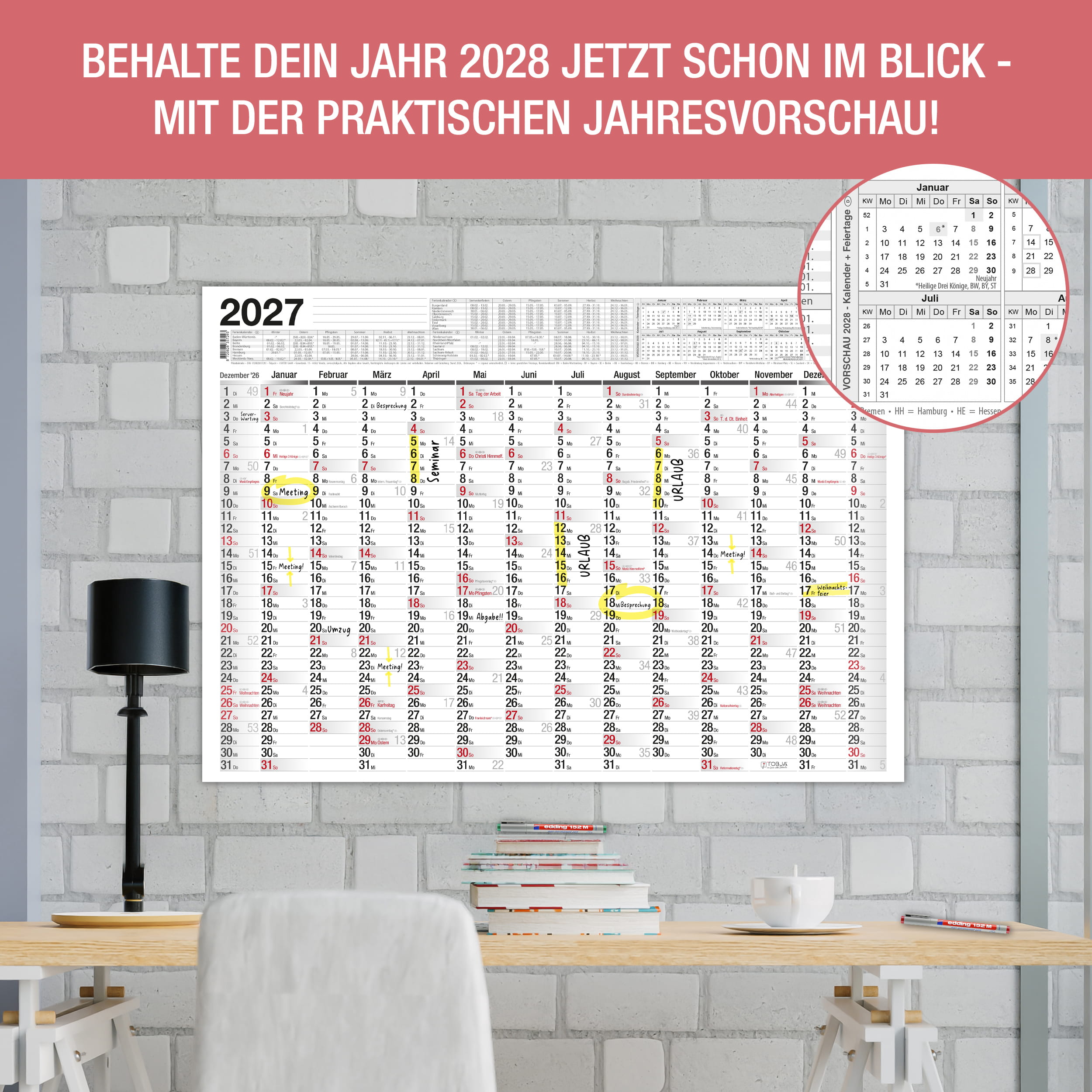 A2 abwischbar Plakatkalender 2027 inkl. 1 Stift