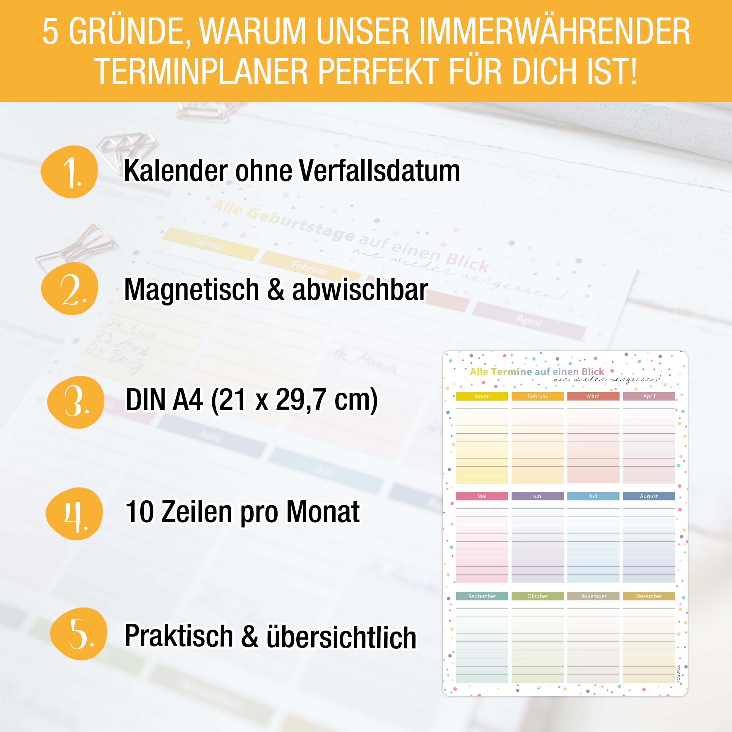 A4 Immerwährender Geburtstagskalender Dots magnetisch abwischbar Geburtstagskalender ohne Stift