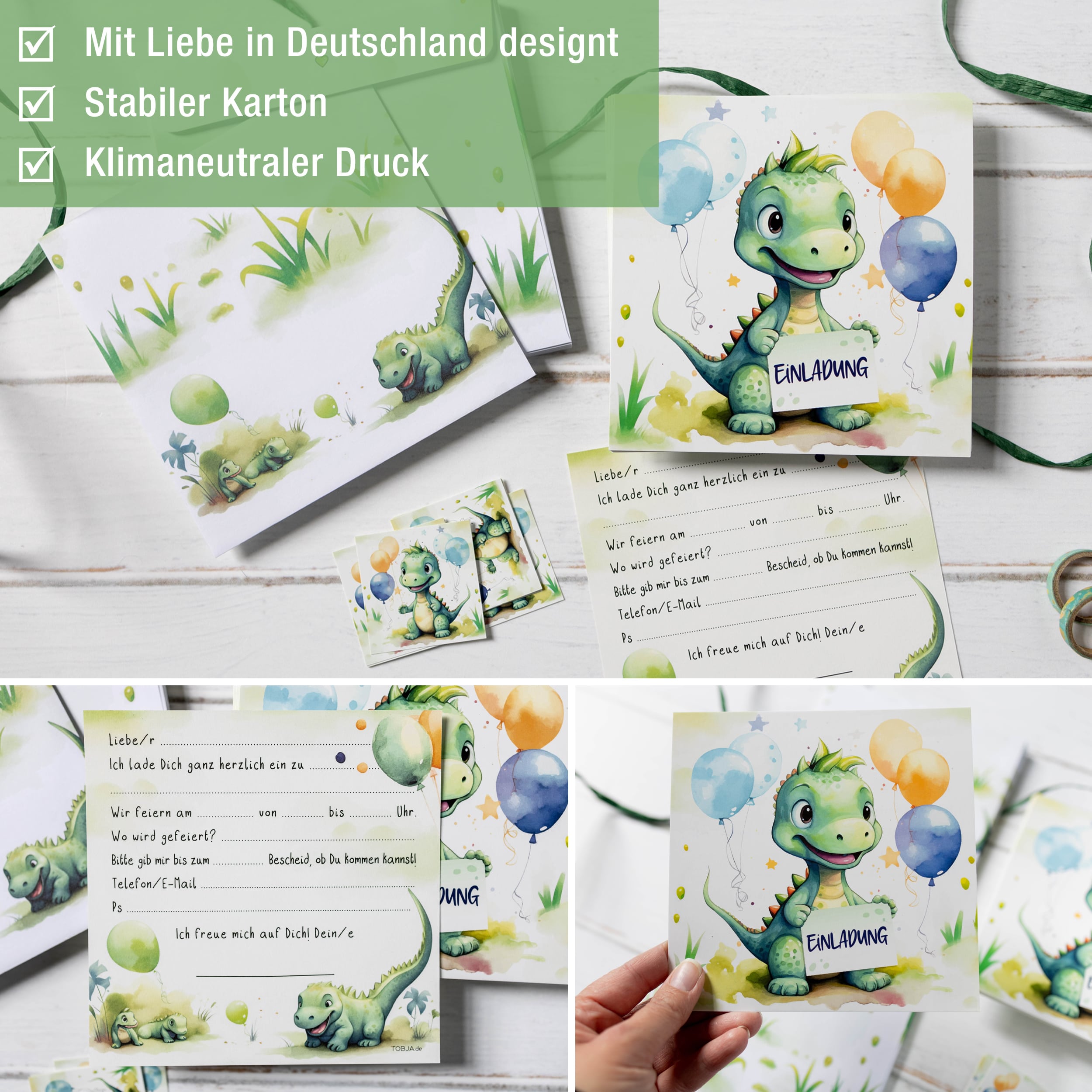 Einladungskarten Dino inkl. Sticker 10er Set