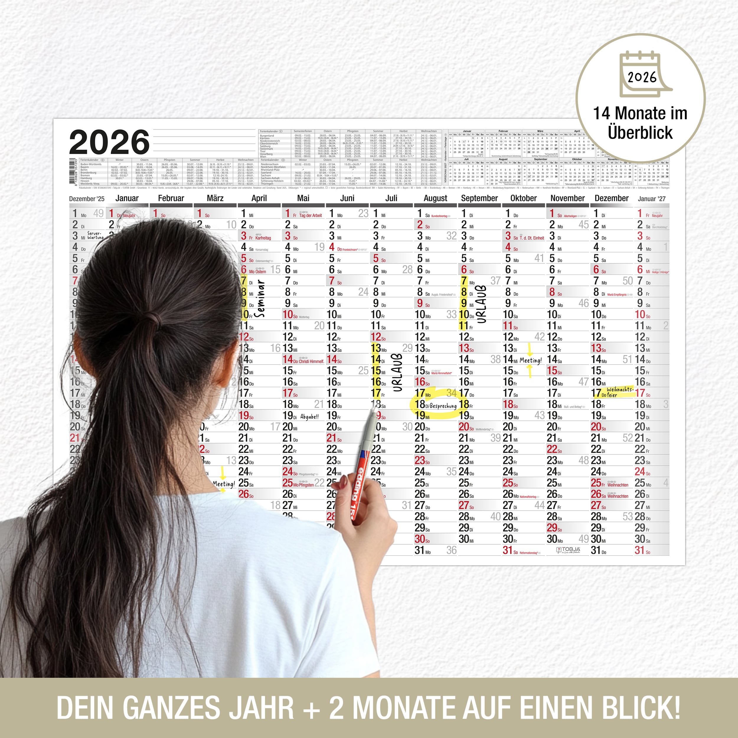 Abwischbarer Wandkalender 2026 A2 inkl. 1 Markenstift