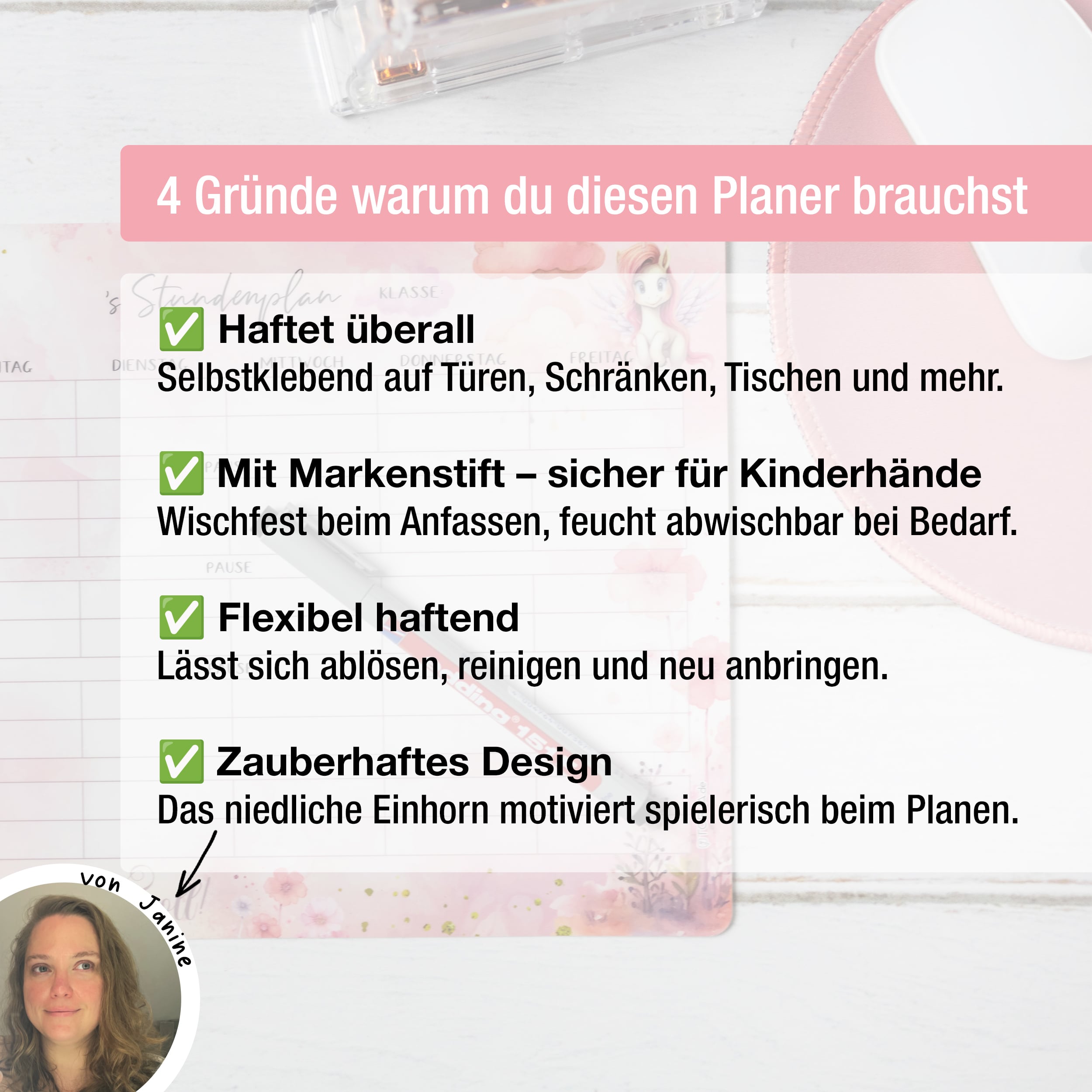 Stundenplan Unicorn +Stift - klebt überall, nass abwischbar!