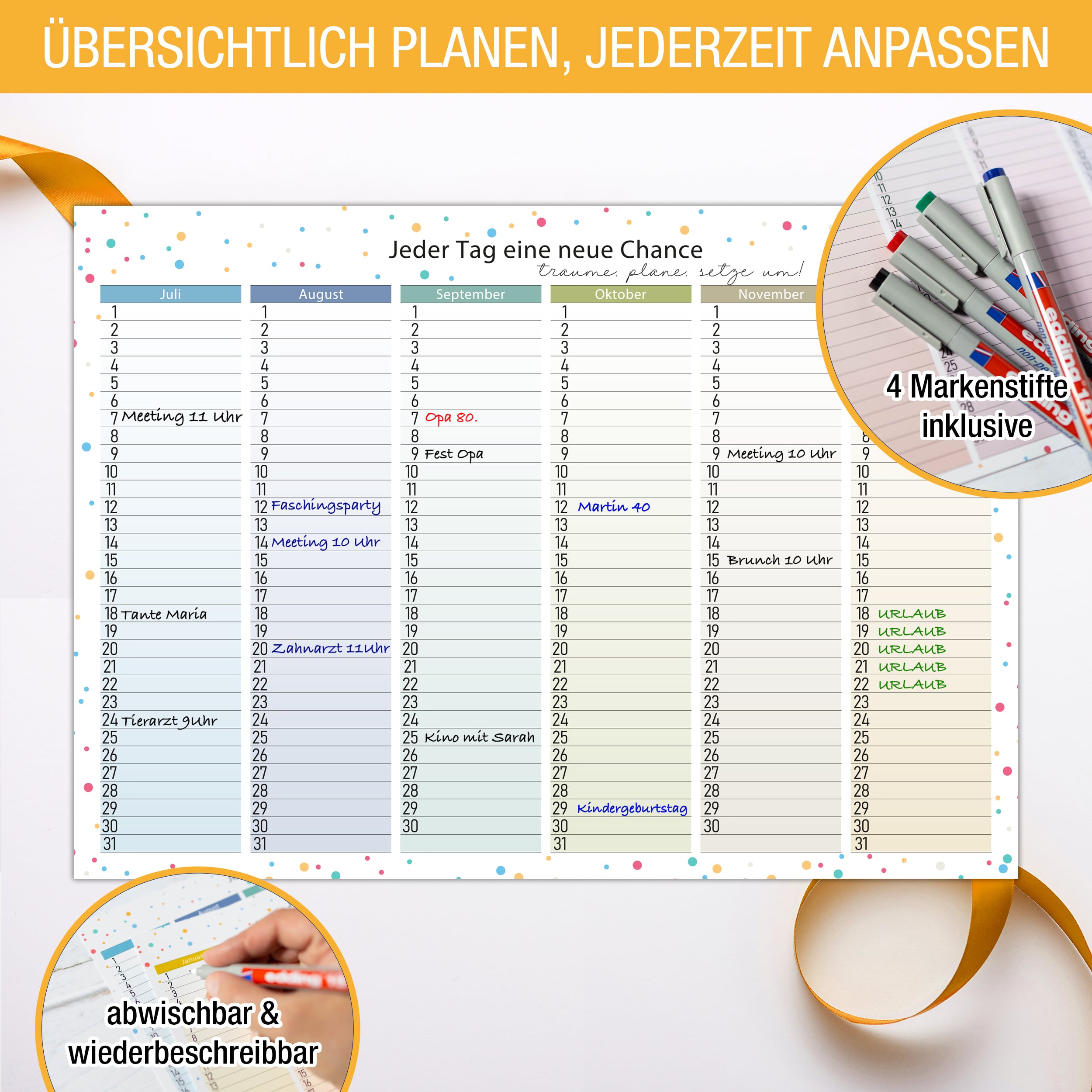Immerwährend Kalender A4 "bunt" abwischbar