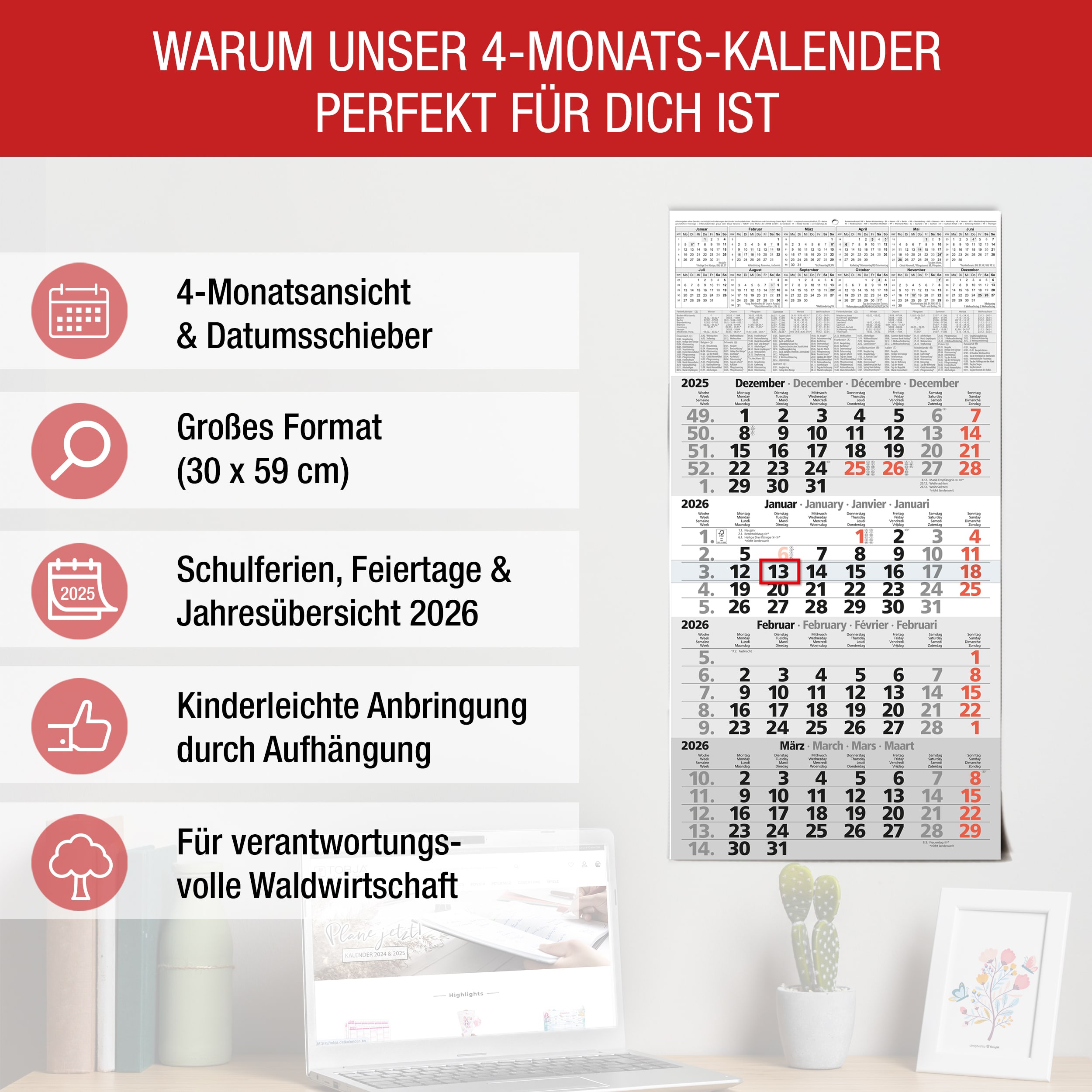 4-Monatskalender 2026 Einblatt
