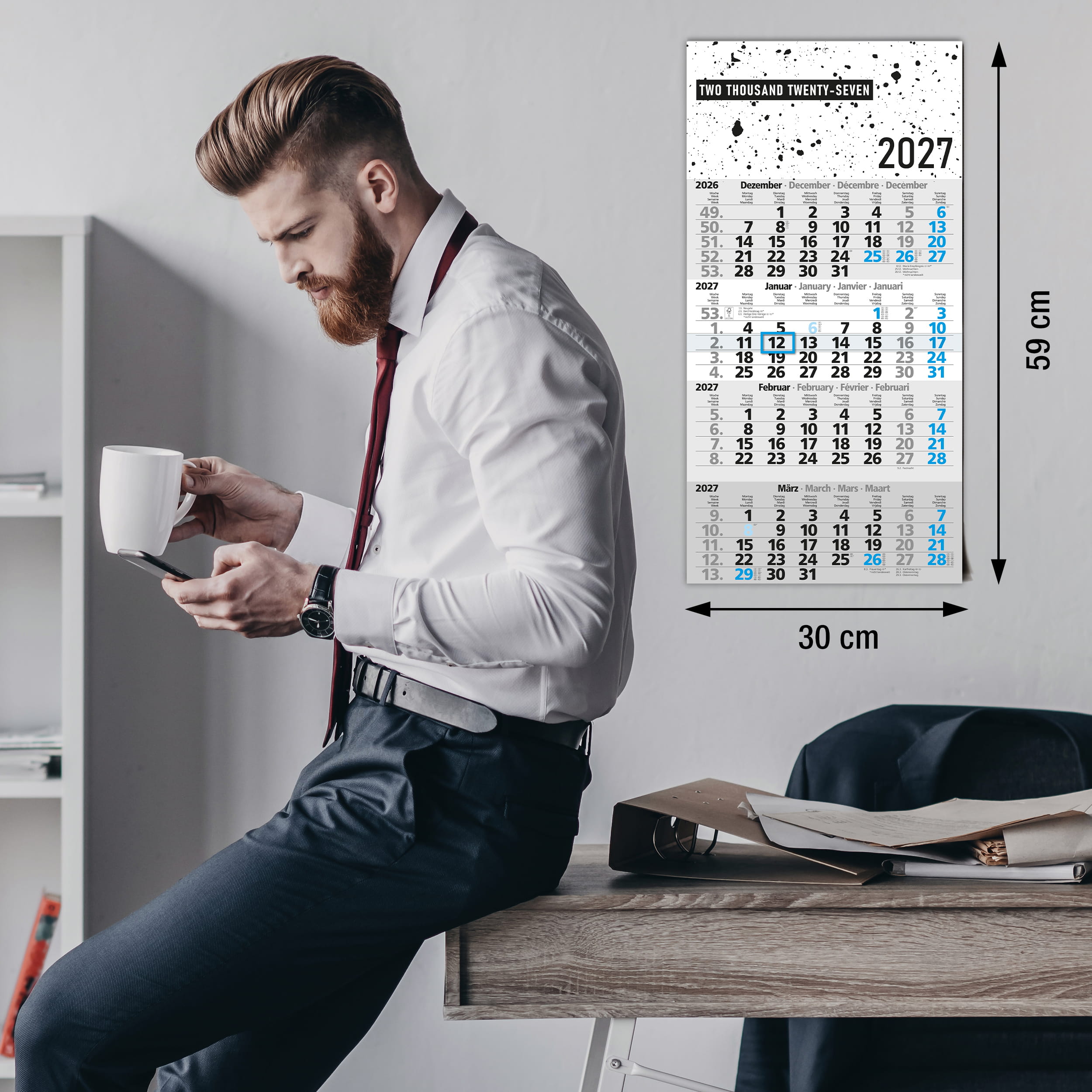 4-Monatskalender 2027 Design Splatter Blau