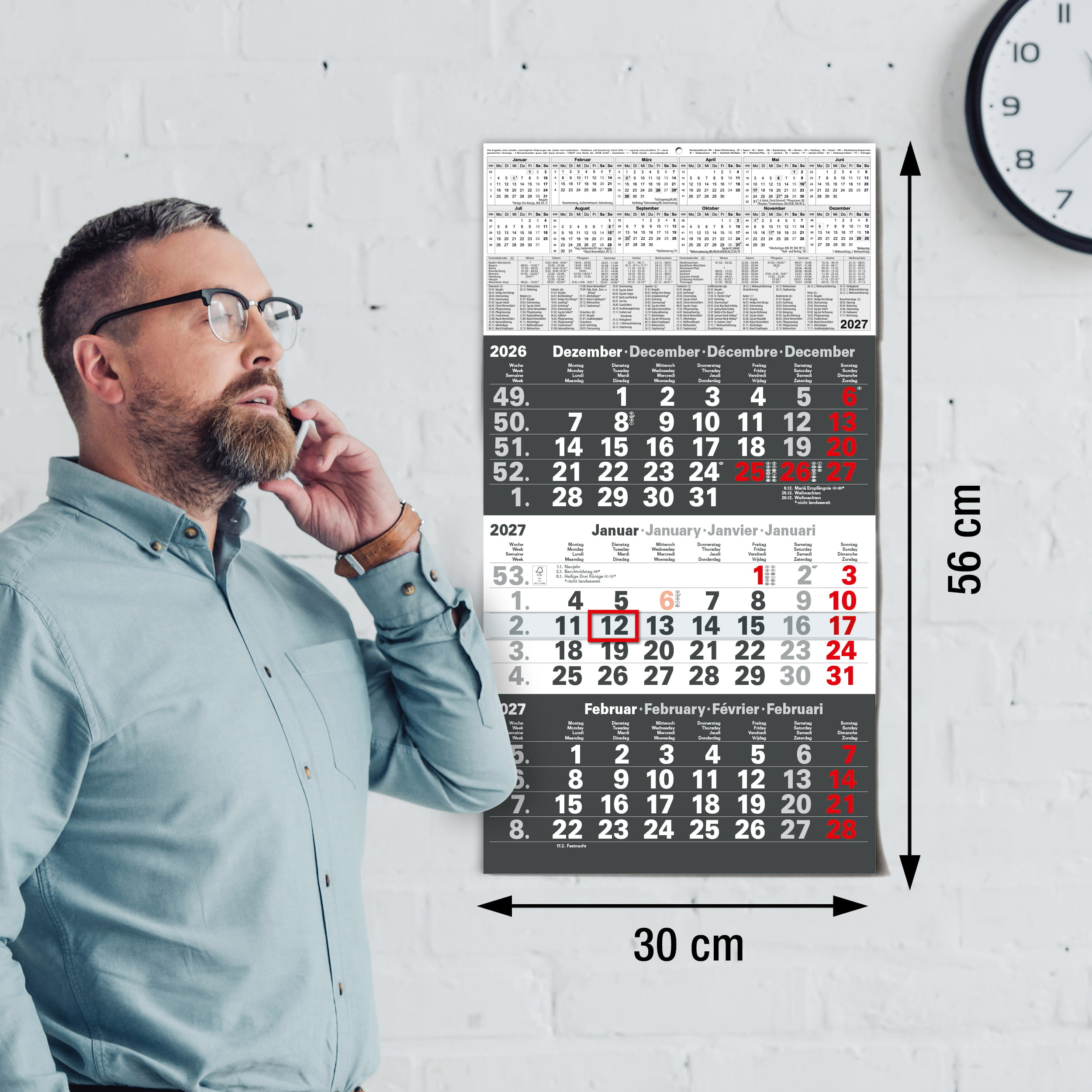 3-Monatskalender 2027 Anthrazit 30x56