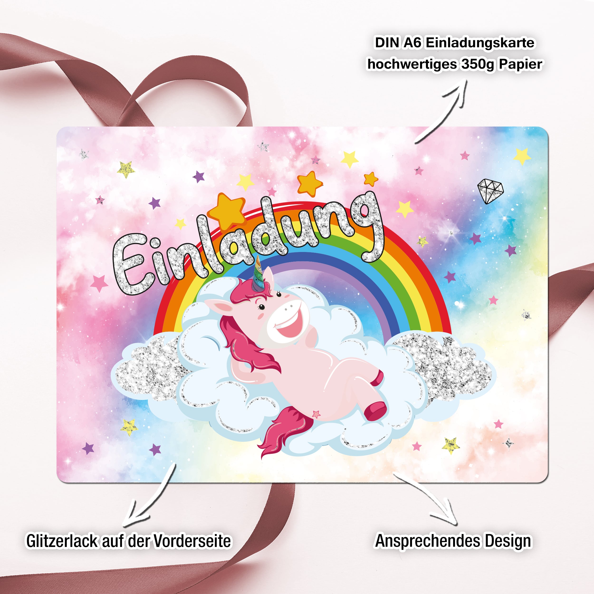 12 Einladungskarten Kindergeburtstag "Glitzer Einhorn"
