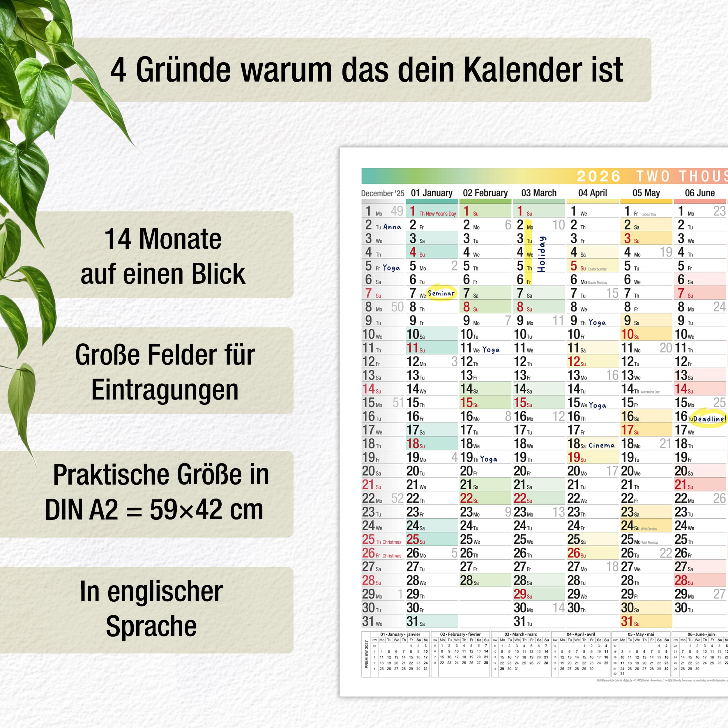 A2 Wandkalender 2026 EU Englisch