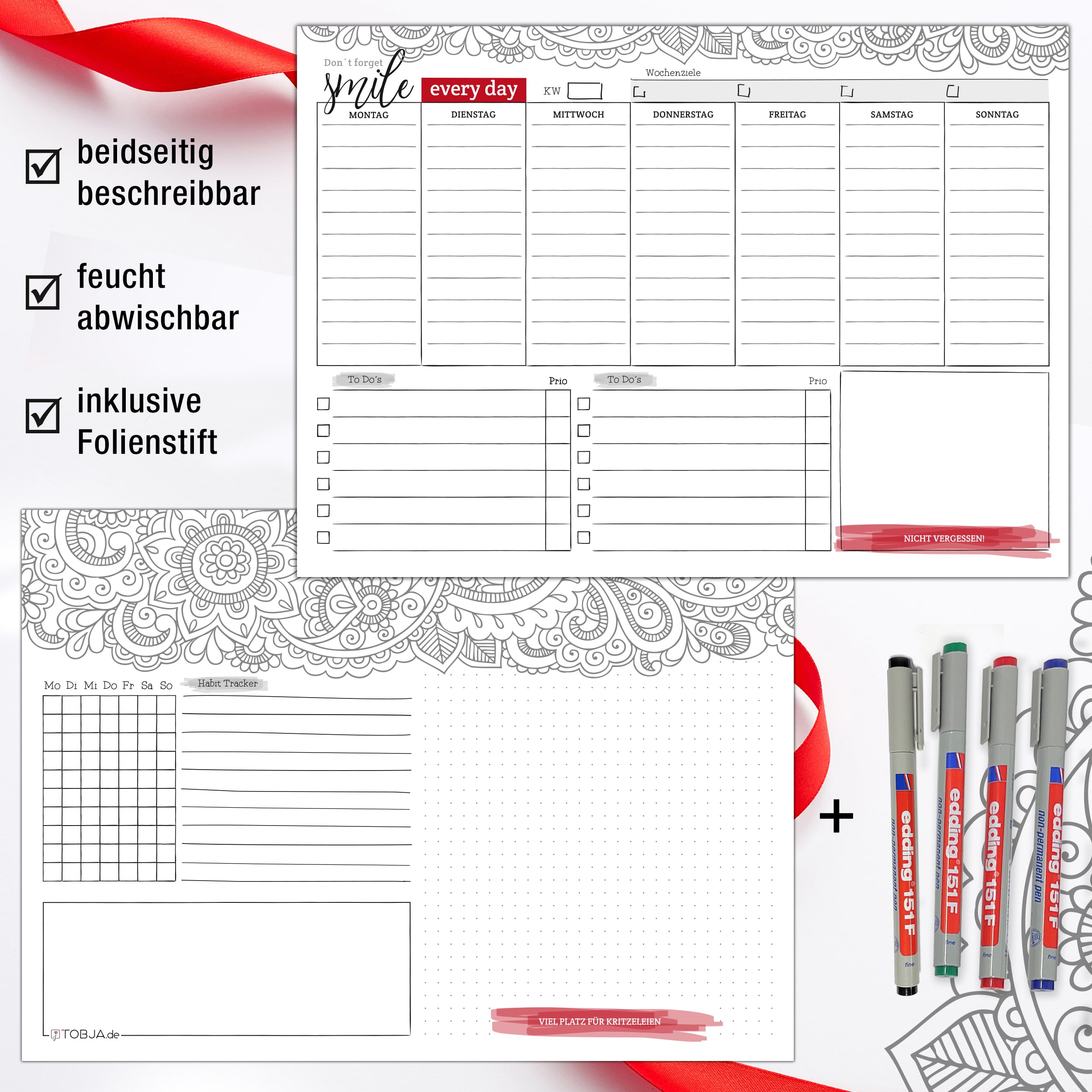 Abwischbarer Wochenplaner inkl 4 Stifte
