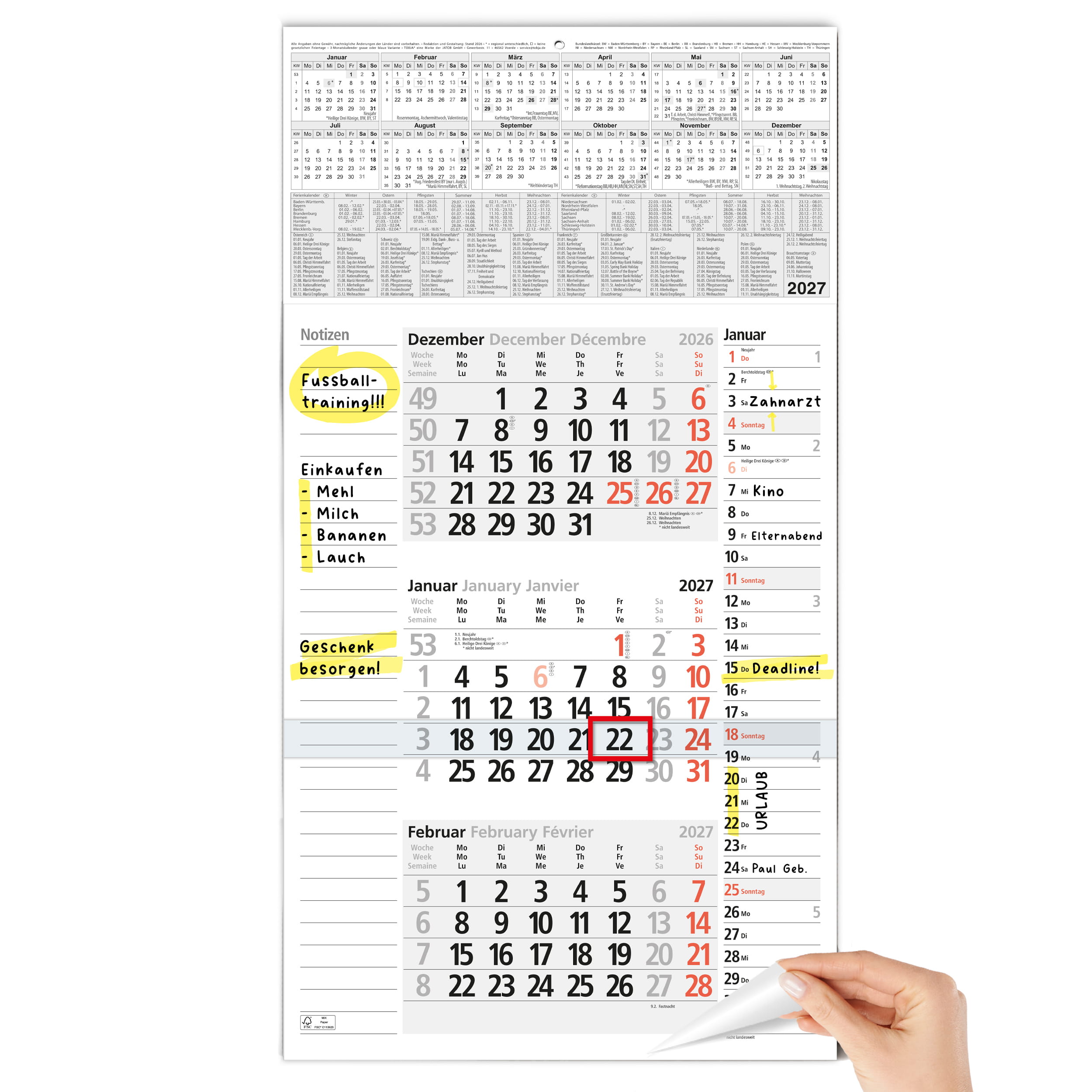 3-Monatskalender 2027 Notizen