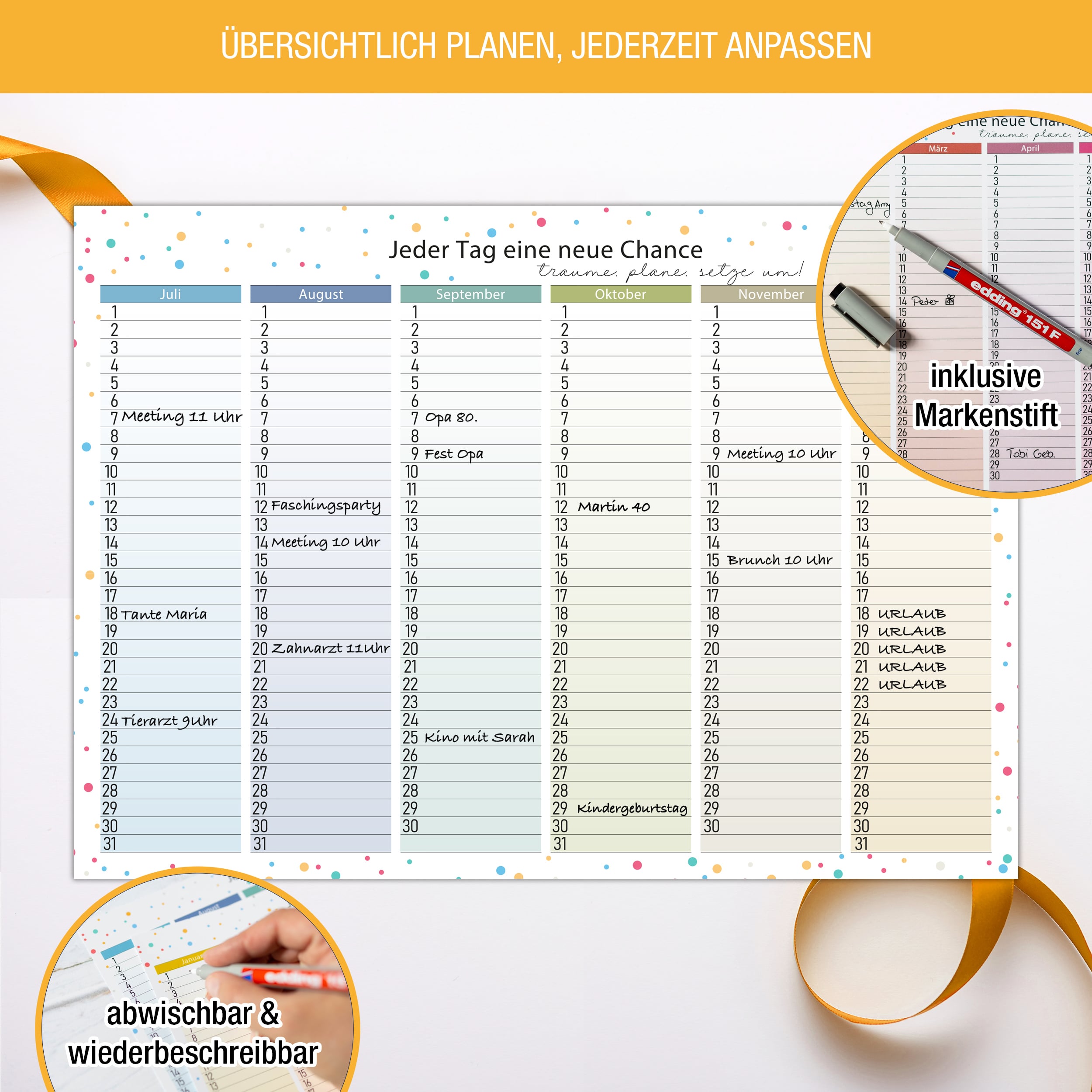 Immerwährend Kalender A4 "bunt" abwischbar