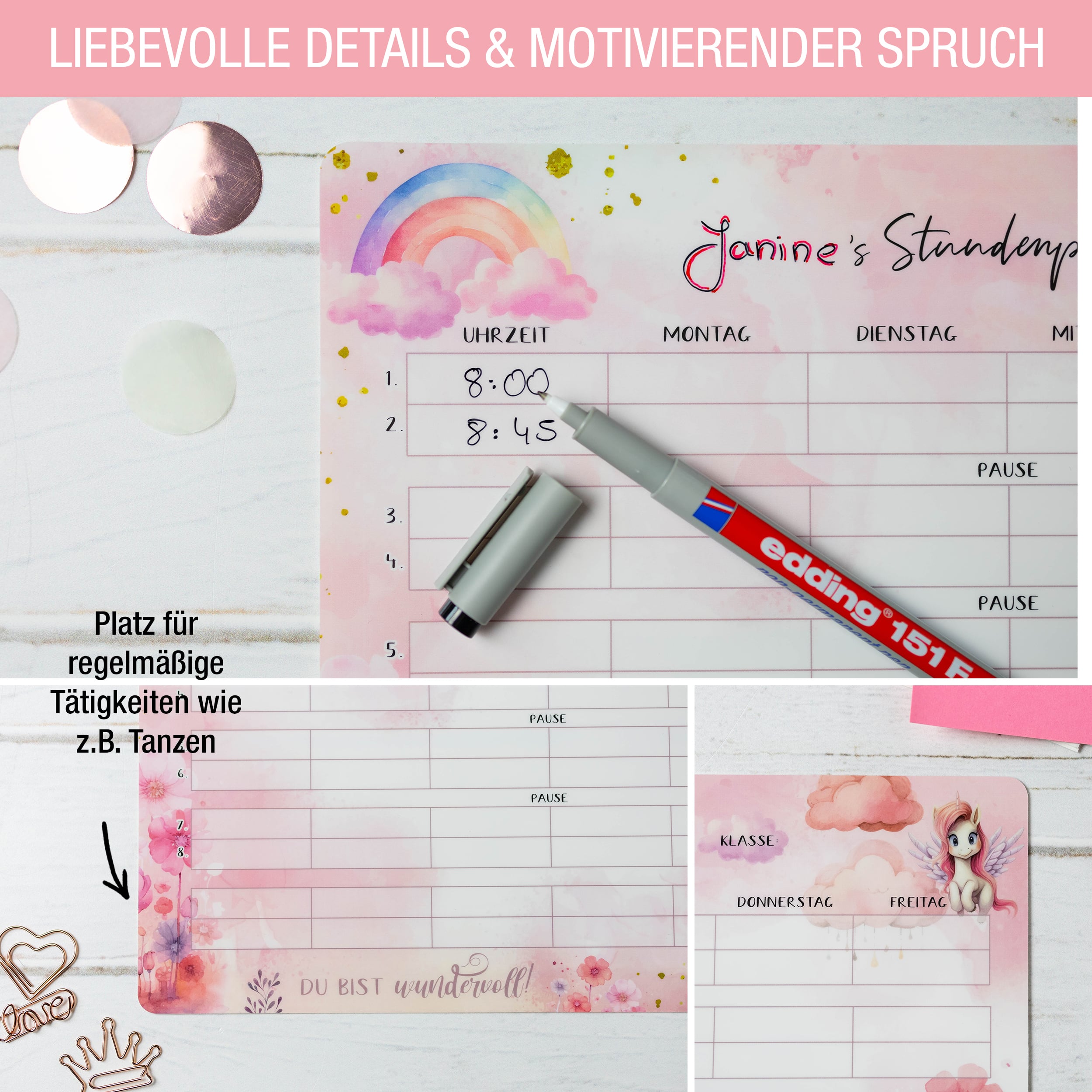 Stundenplan Unicorn +Stift - klebt überall, nass abwischbar!