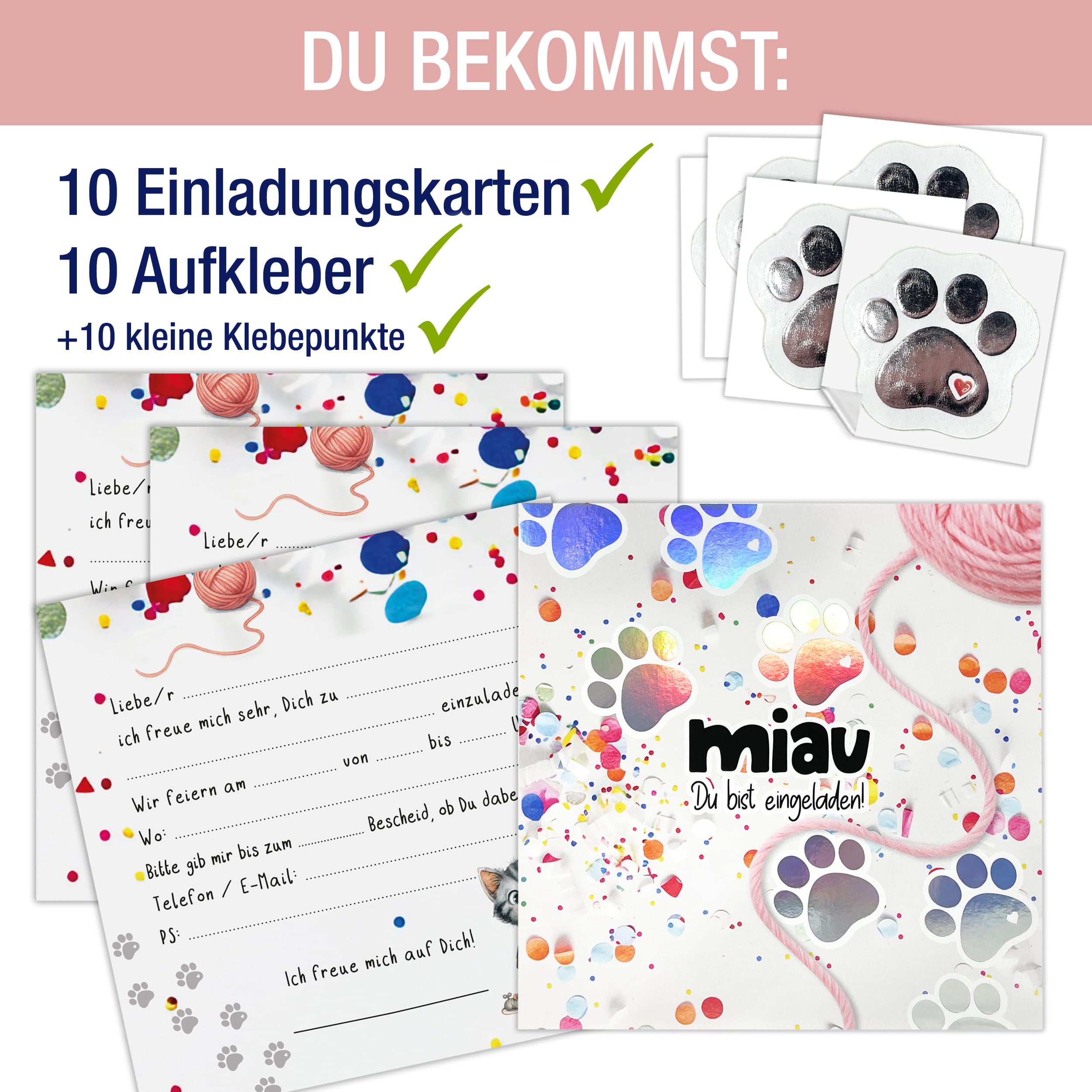 XL Einladungskarten Katze Konfetti – 10er-Set mit Silberfolie-Stickern
