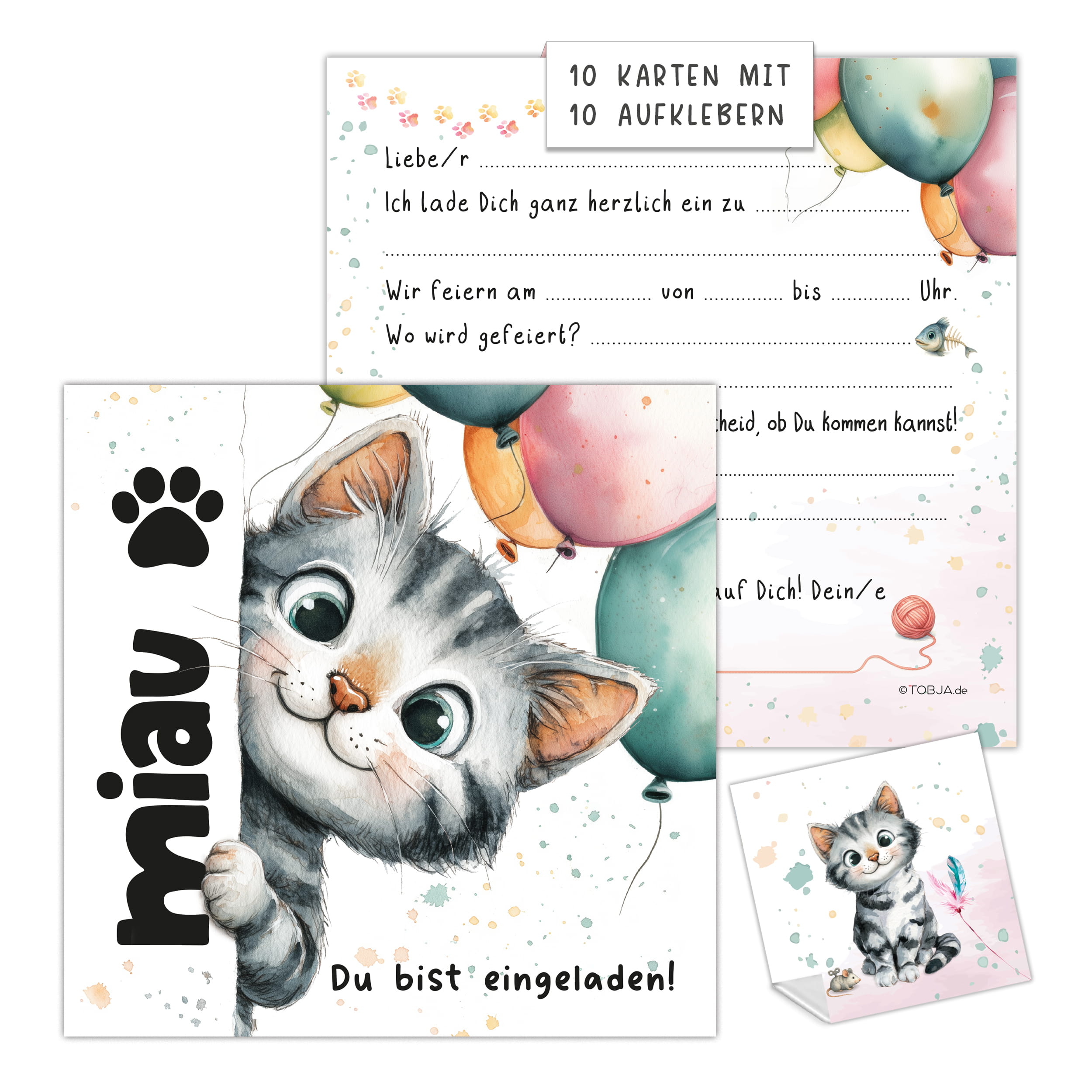 XXL Einladungskarten Katze – 10er-Set mit Stickern