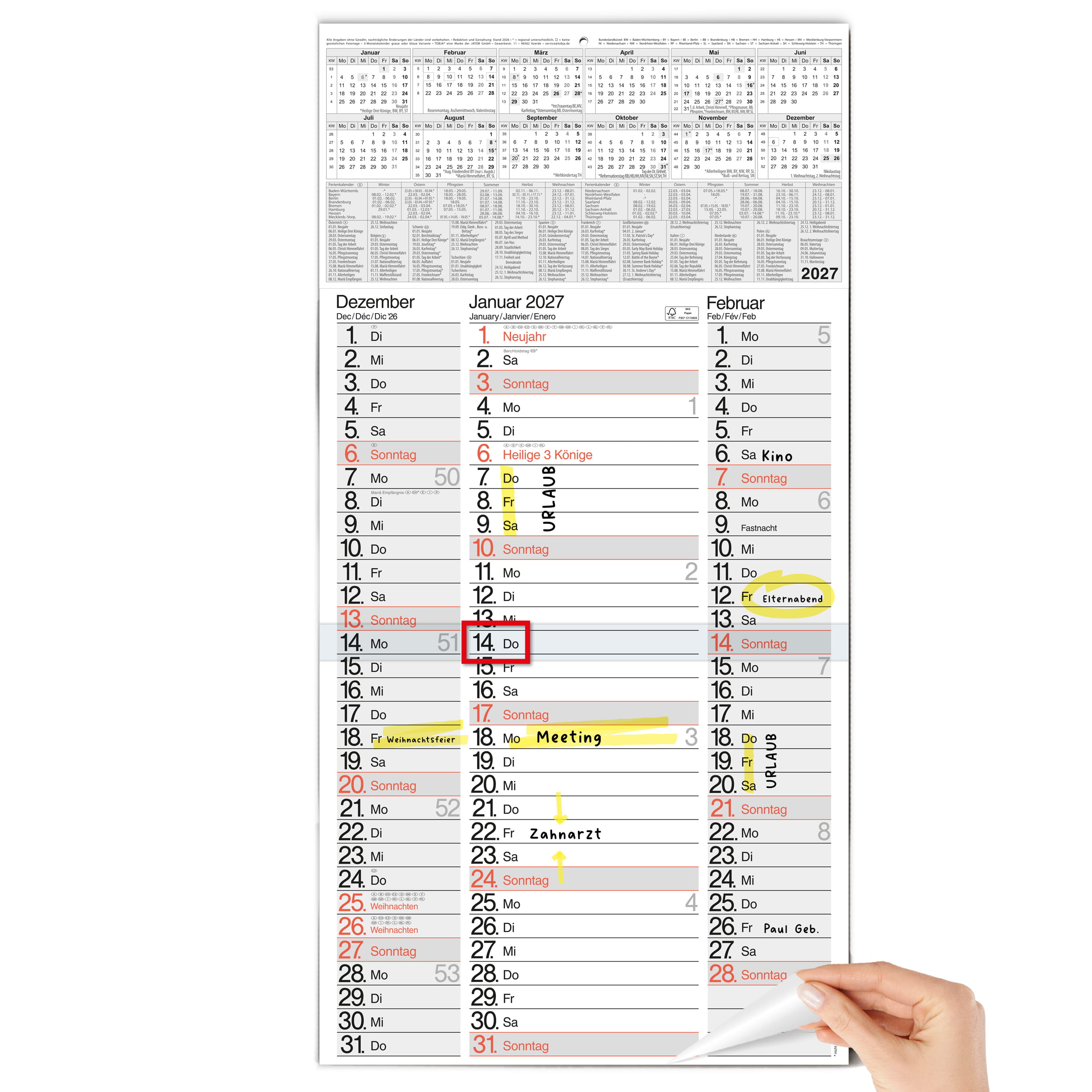 3-Monatskalender 2027 Nebeneinander