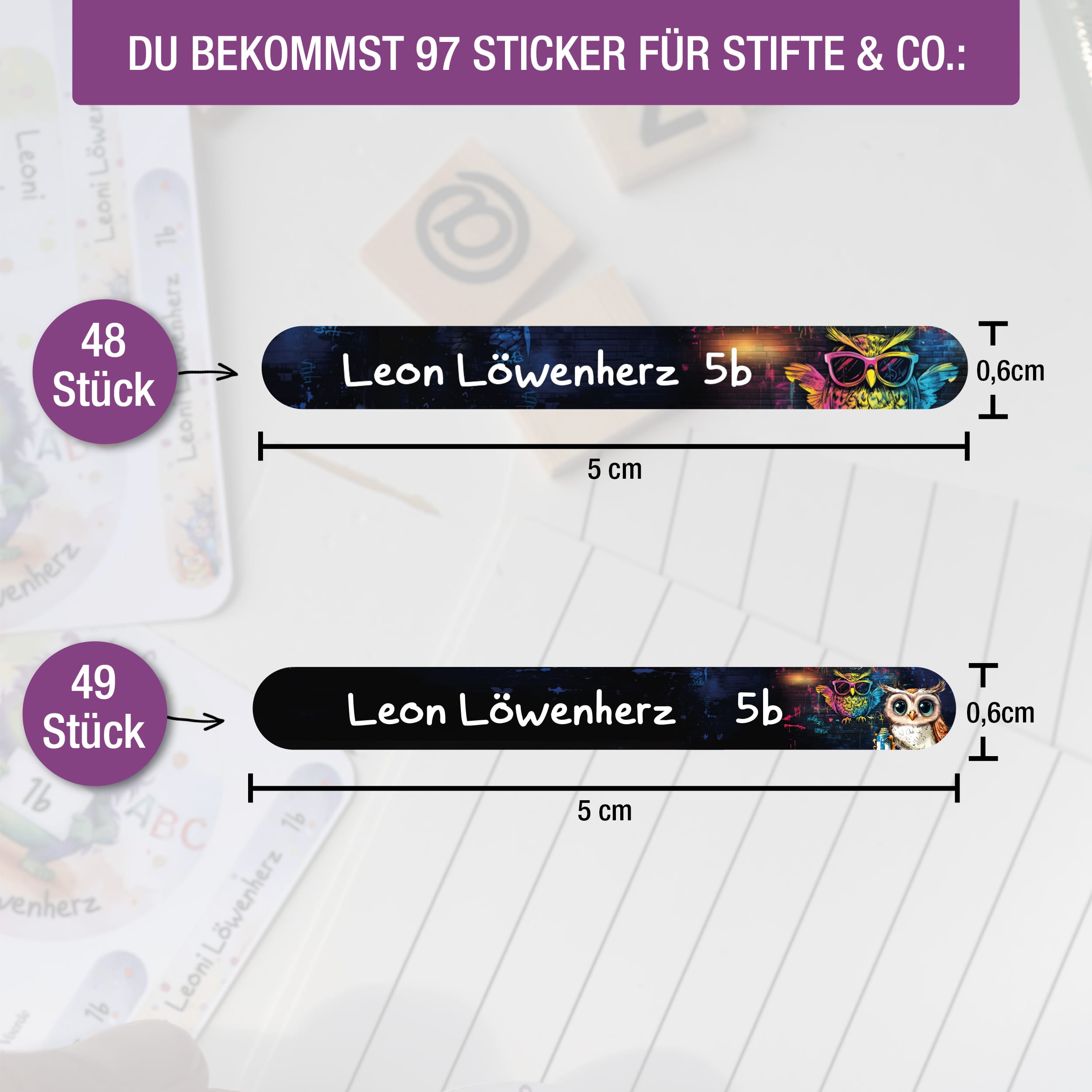 Namensaufkleber für Stifte, personalisiert Eule