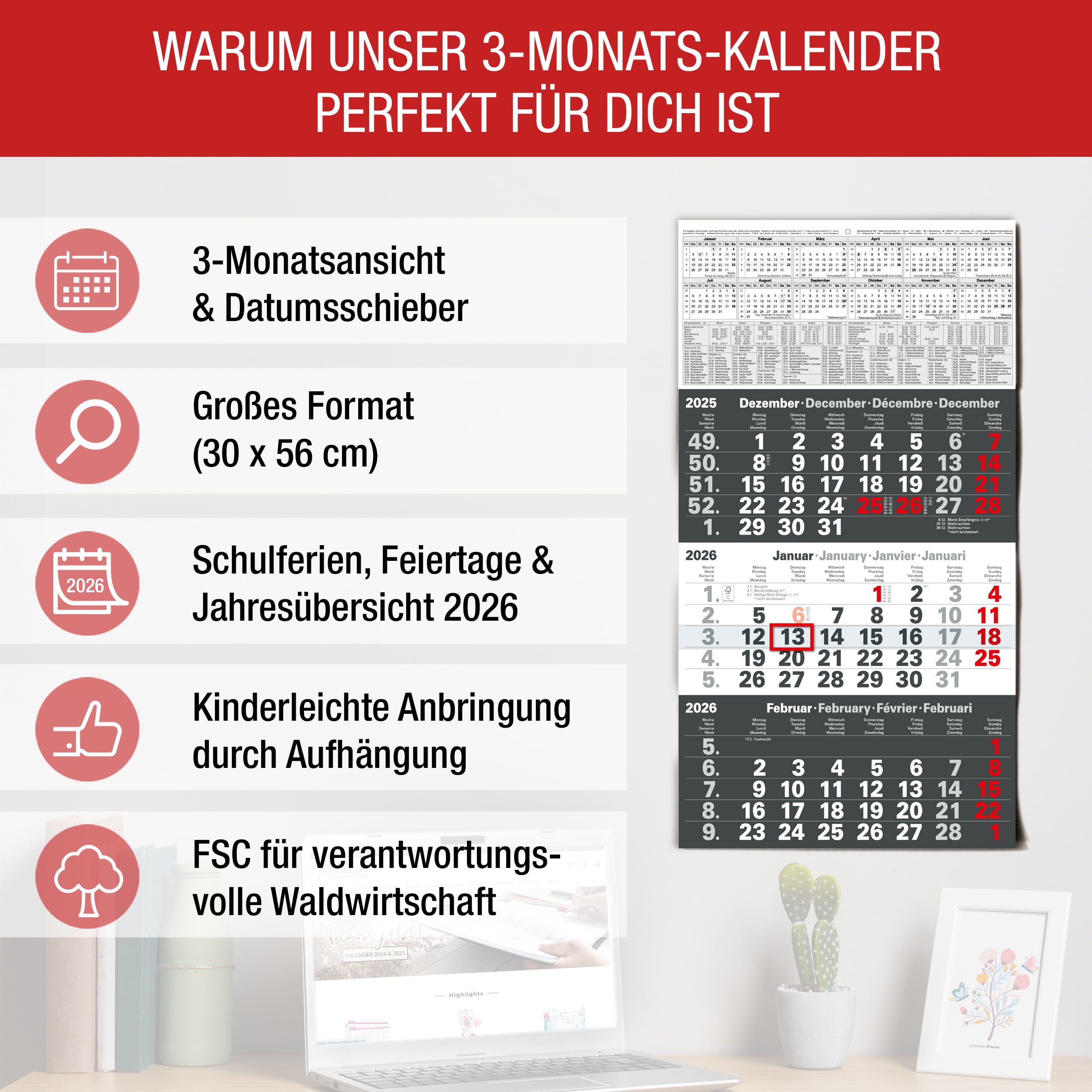 3-Monatskalender 2026 Anthrazit
