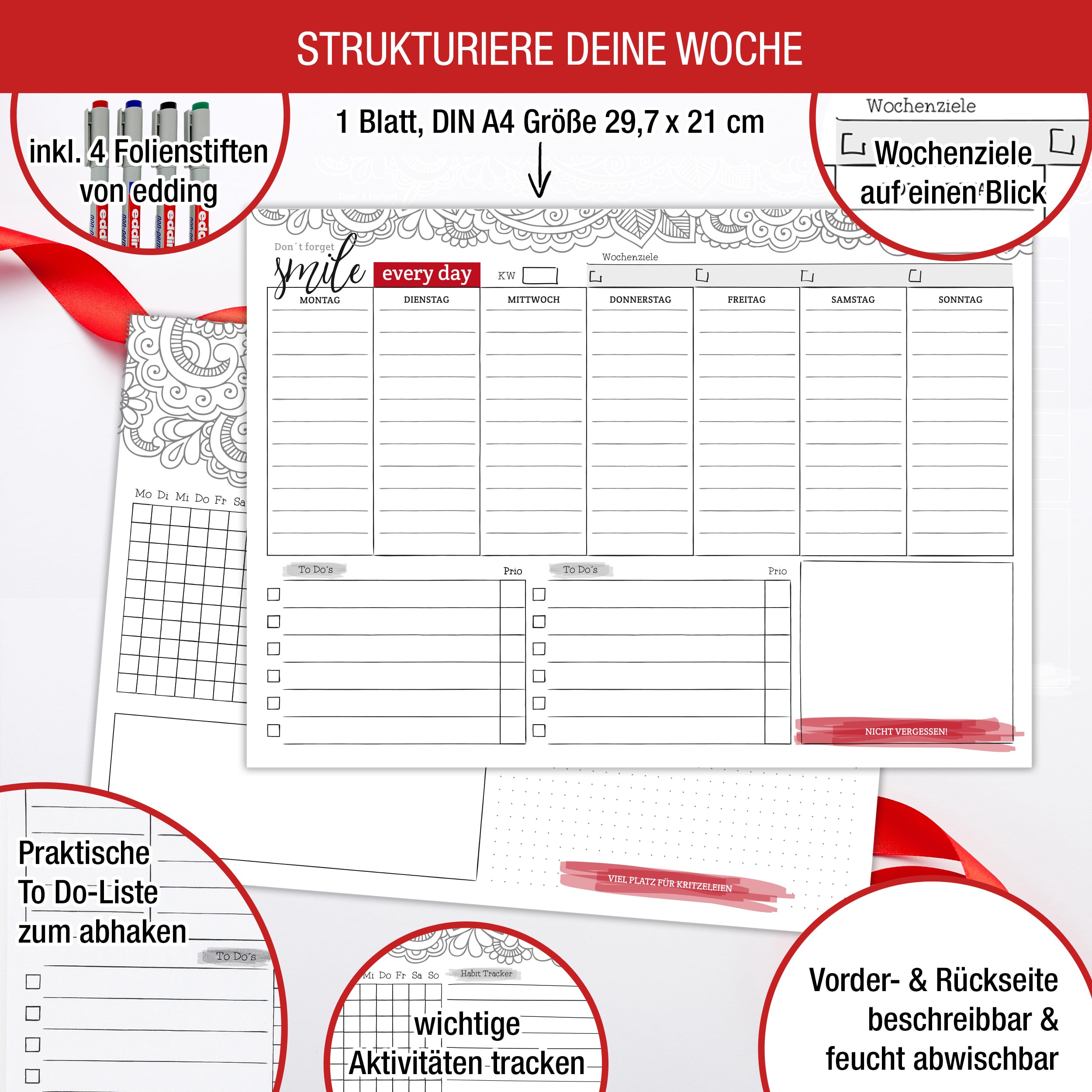 Abwischbarer Wochenplaner inkl 4 Stifte