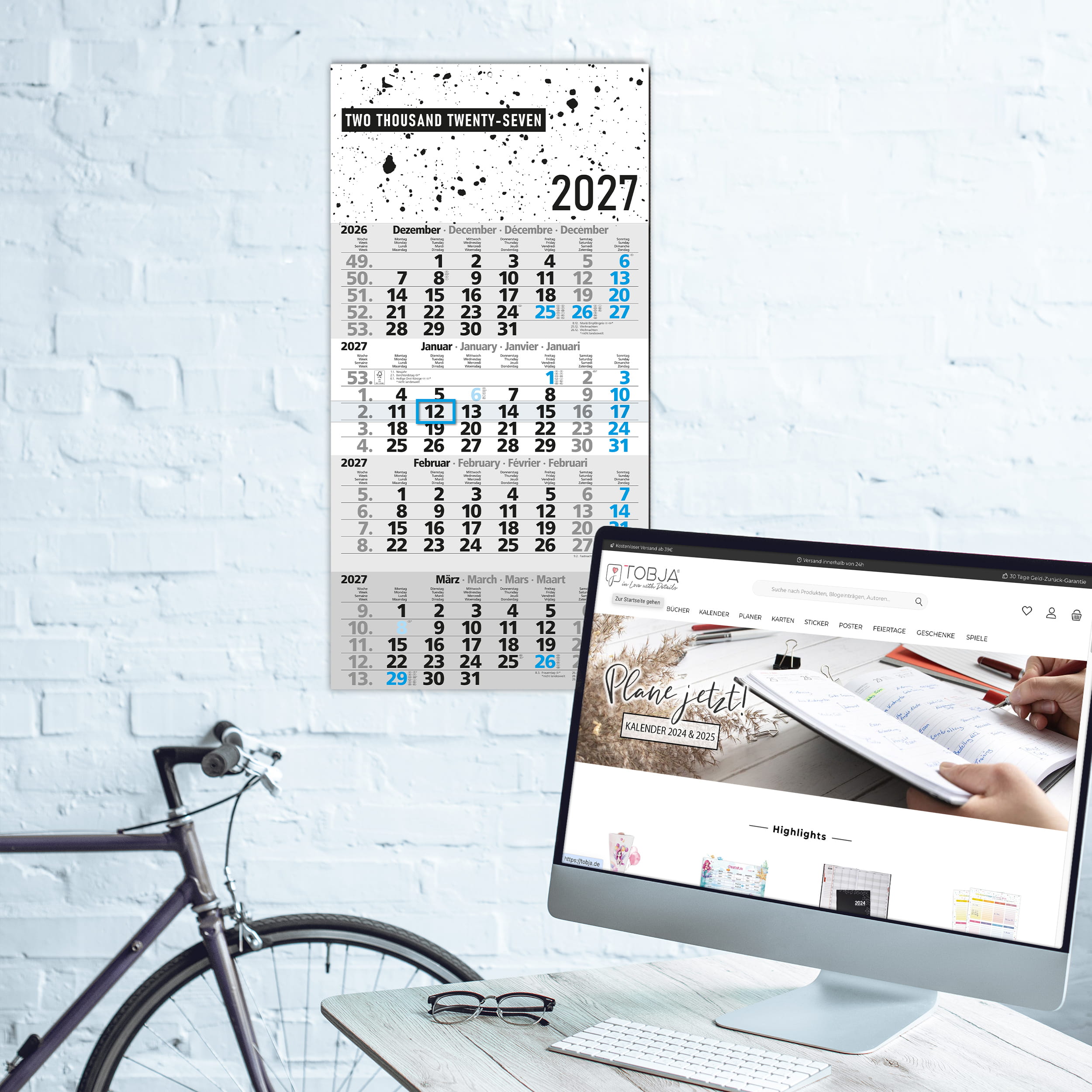 4-Monatskalender 2027 Design Splatter Blau