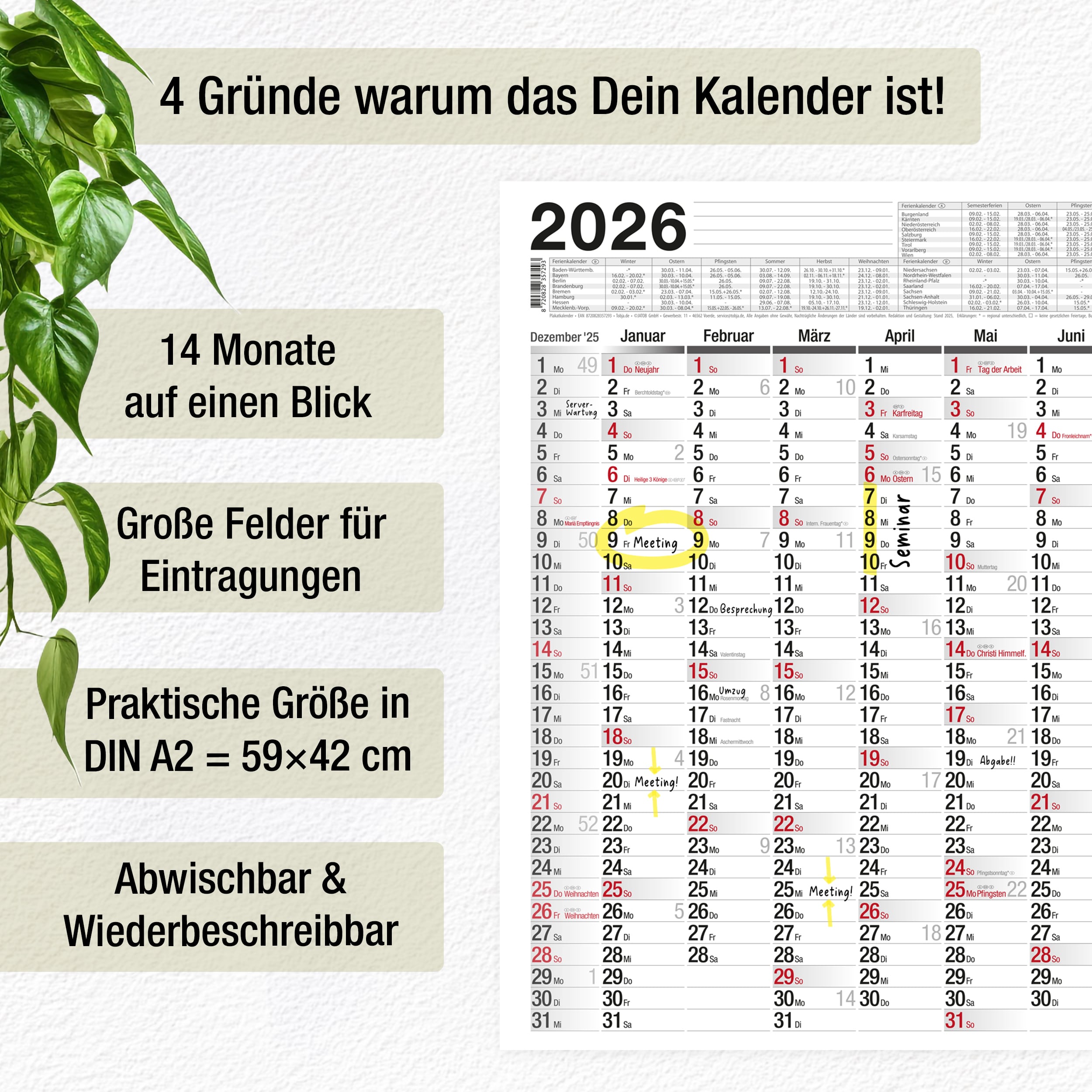 Abwischbarer Wandkalender 2026 A2 inkl. 1 Markenstift