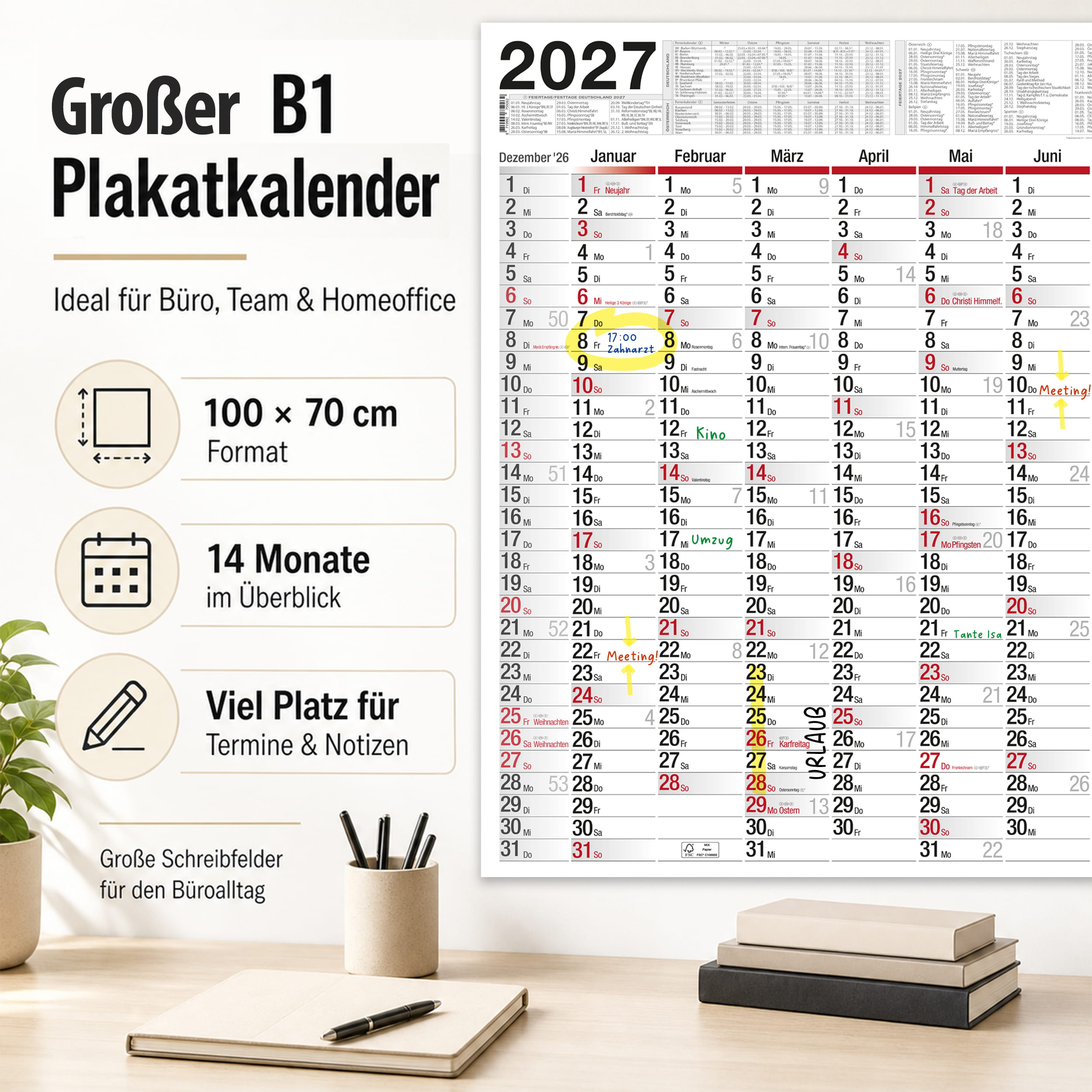 XXL Wandkalender 2026 1x Kalender abwischbar + 4 Stifte