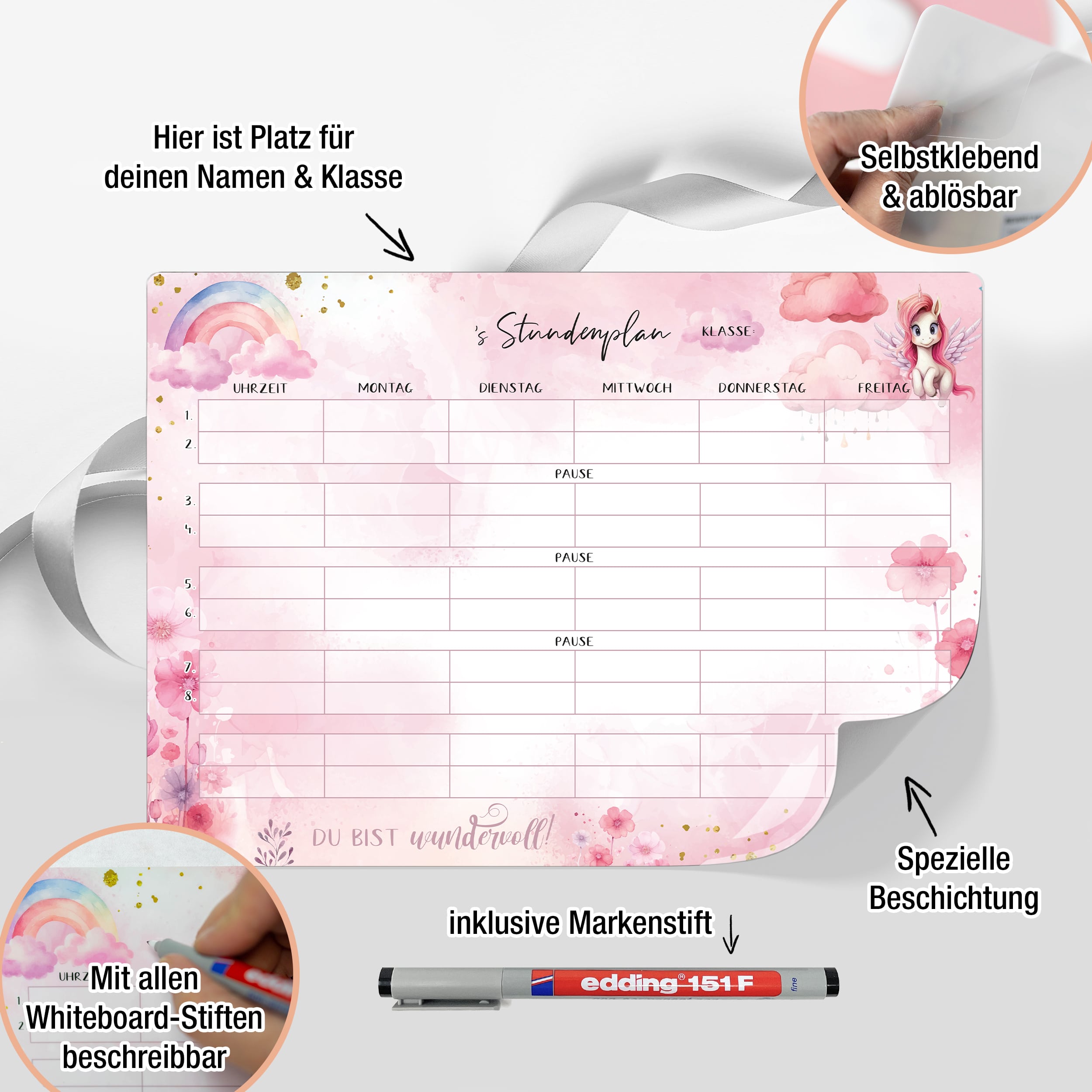 Stundenplan Unicorn +Stift - klebt überall, nass abwischbar!