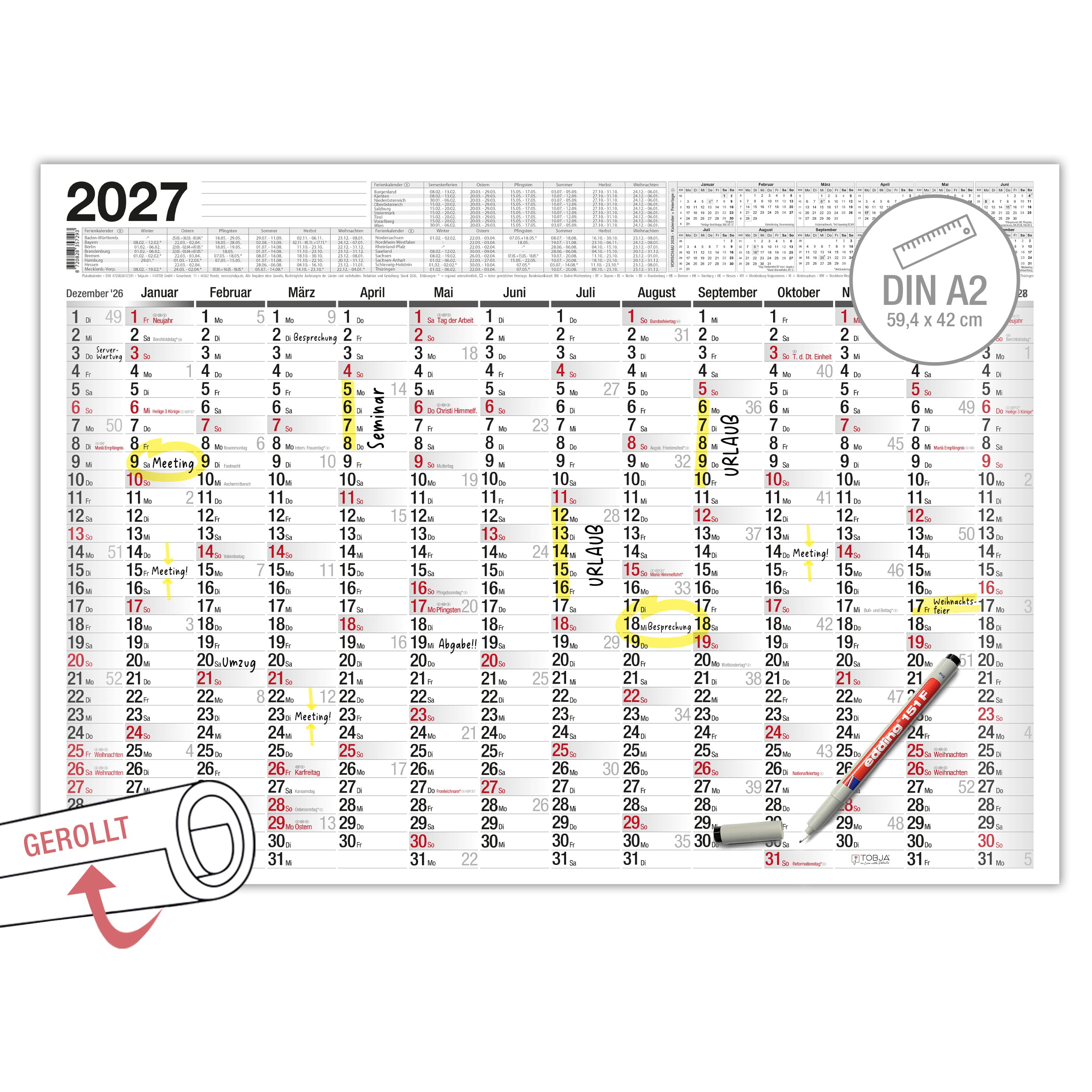 A2 abwischbar Plakatkalender 2027 inkl. 1 Stift